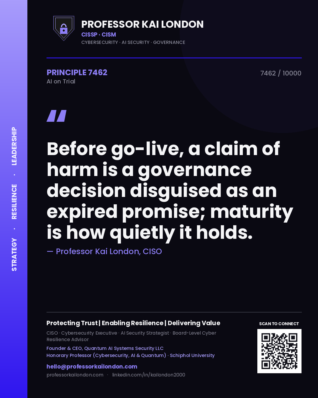 Quote card by Professor Kai London reading 'Before go-live, a claim of harm is a governance decision disguised as an expired promise; maturity is how quietly it holds.'. From the book AI on Trial.
