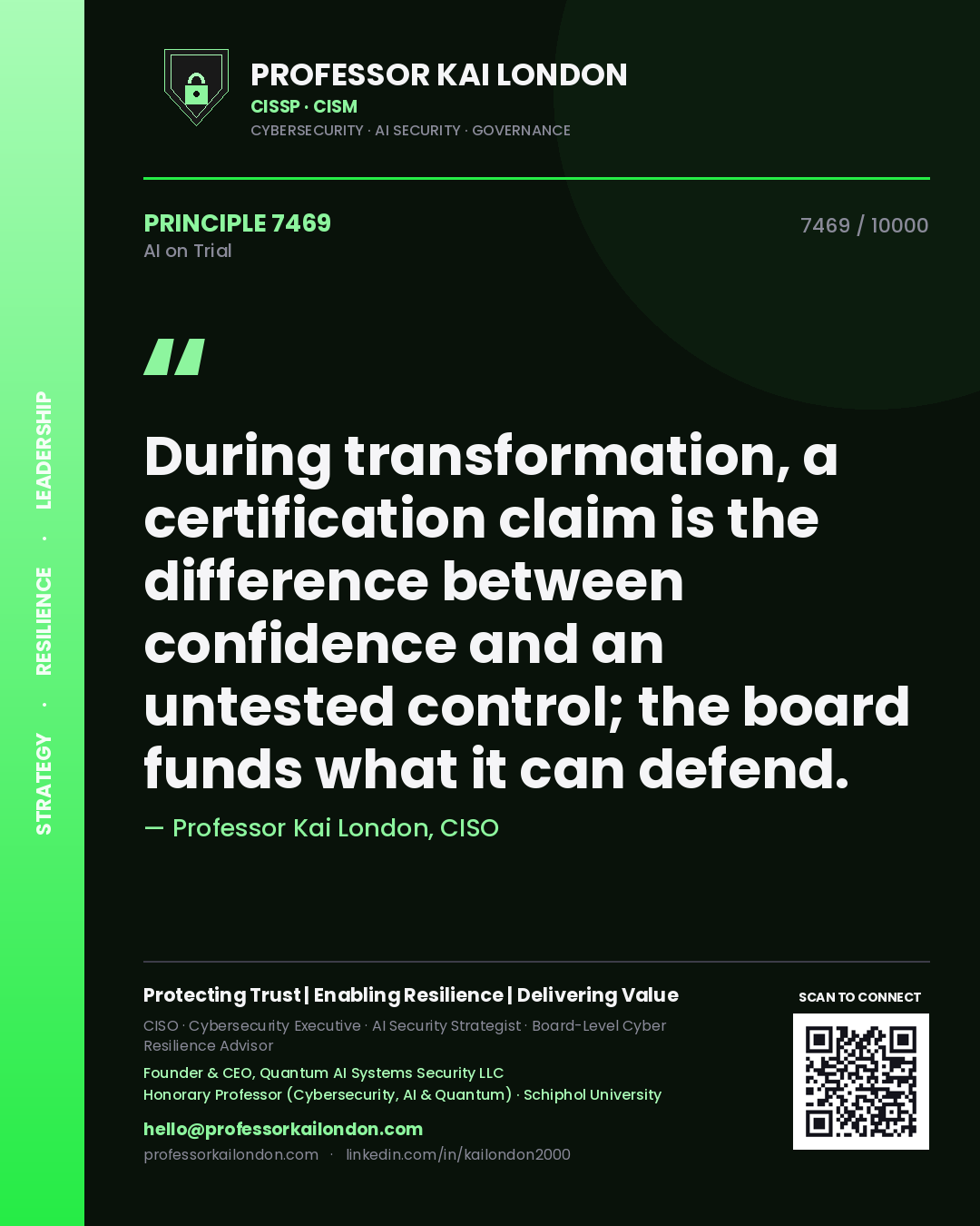 Professor Kai London principle 7469: During transformation, a certification claim is the difference between confidence and an untested control; the board funds what it can defend.
