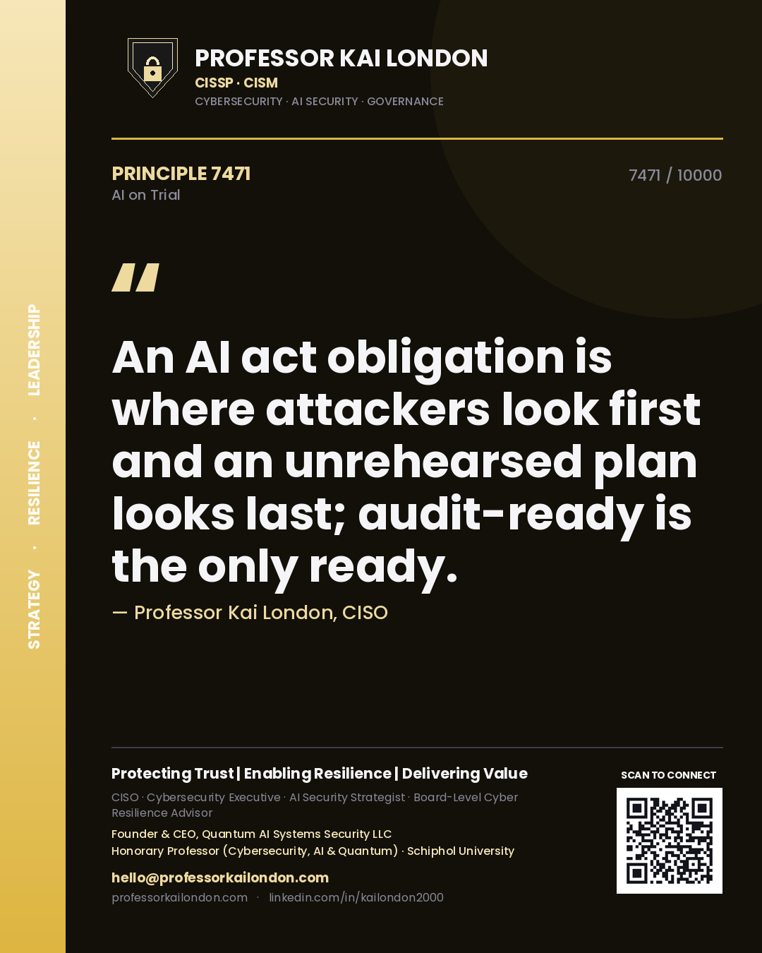 Professor Kai London principle 7471: An AI act obligation is where attackers look first and an unrehearsed plan looks last; audit-ready is the only ready.