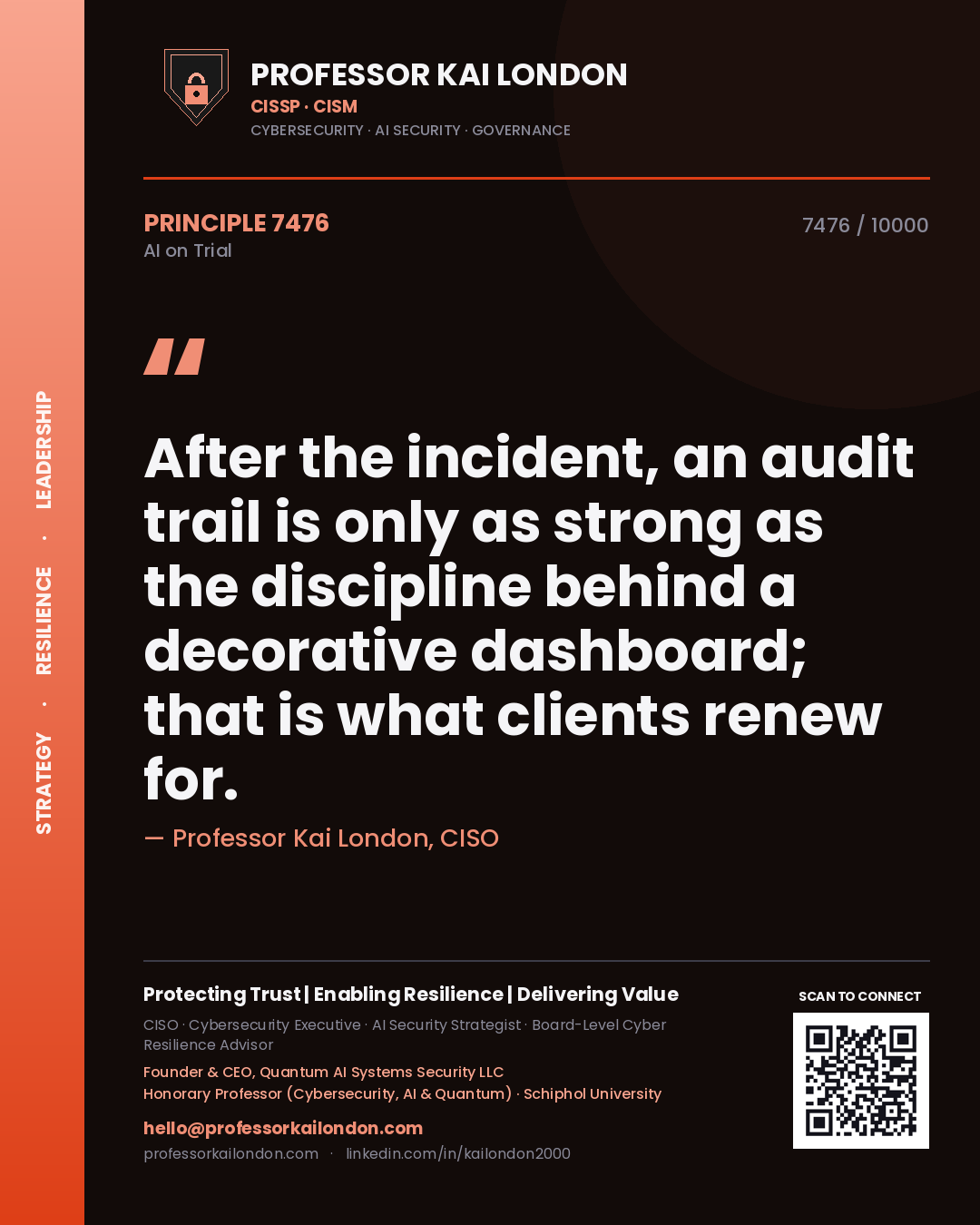 Professor Kai London principle 7476: After the incident, an audit trail is only as strong as the discipline behind a decorative dashboard; that is what clients renew for.