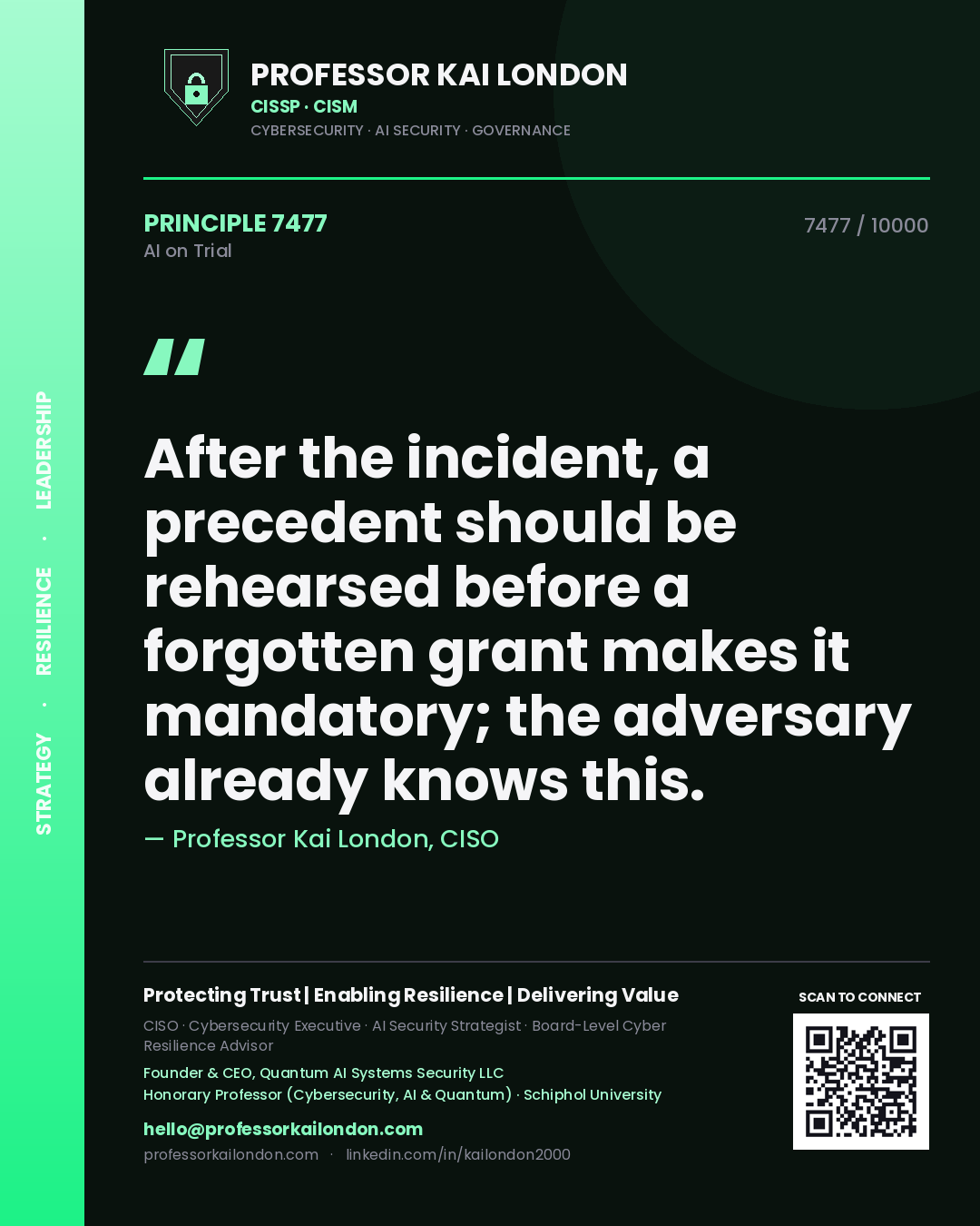 Professor Kai London principle 7477: After the incident, a precedent should be rehearsed before a forgotten grant makes it mandatory; the adversary already knows this.