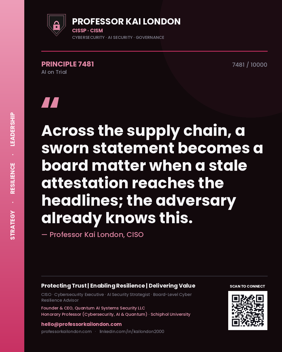 Professor Kai London principle 7481: Across the supply chain, a sworn statement becomes a board matter when a stale attestation reaches the headlines; the adversary already knows this.