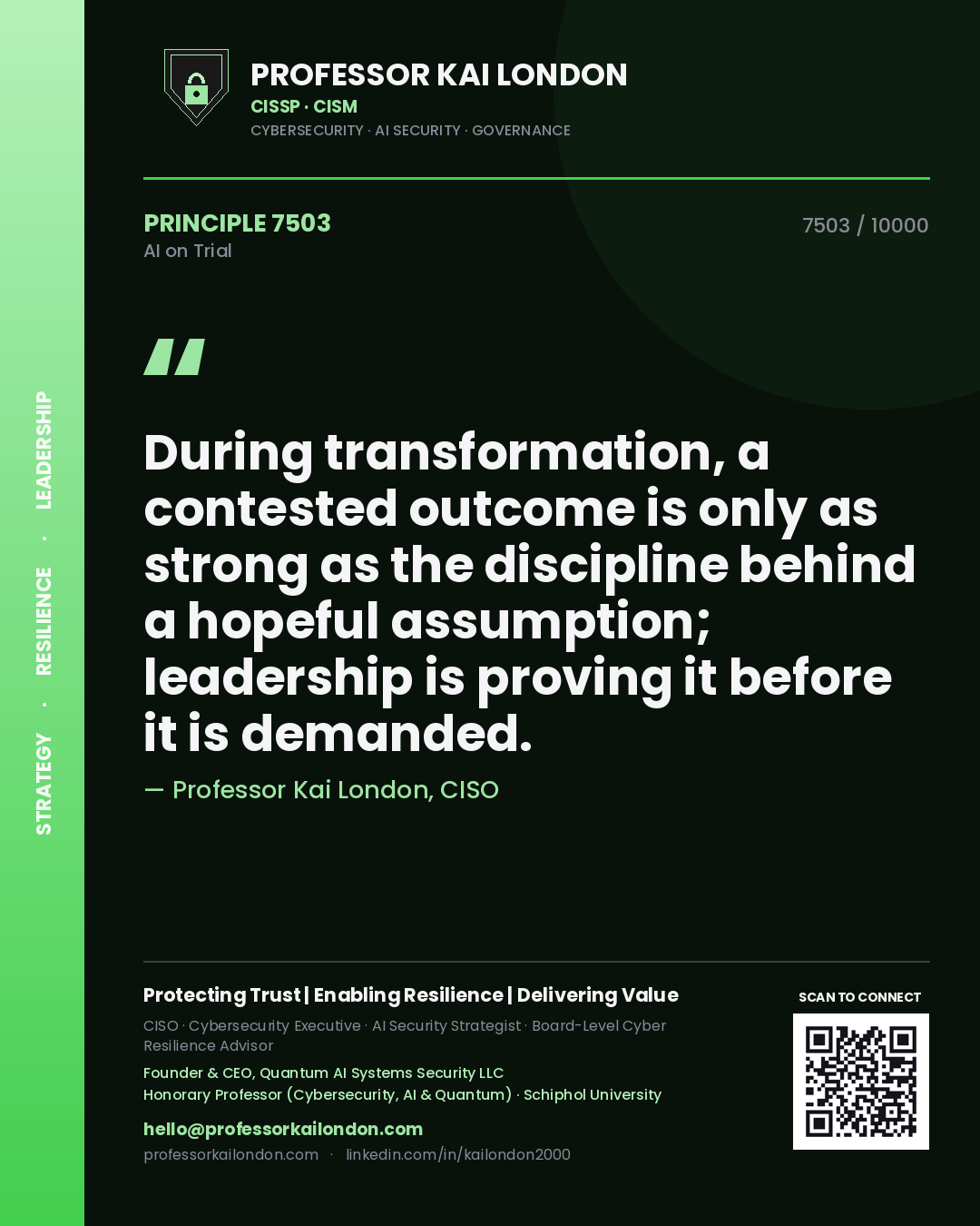 Professor Kai London principle 7503: During transformation, a contested outcome is only as strong as the discipline behind a hopeful assumption; leadership is proving it before it is demanded.