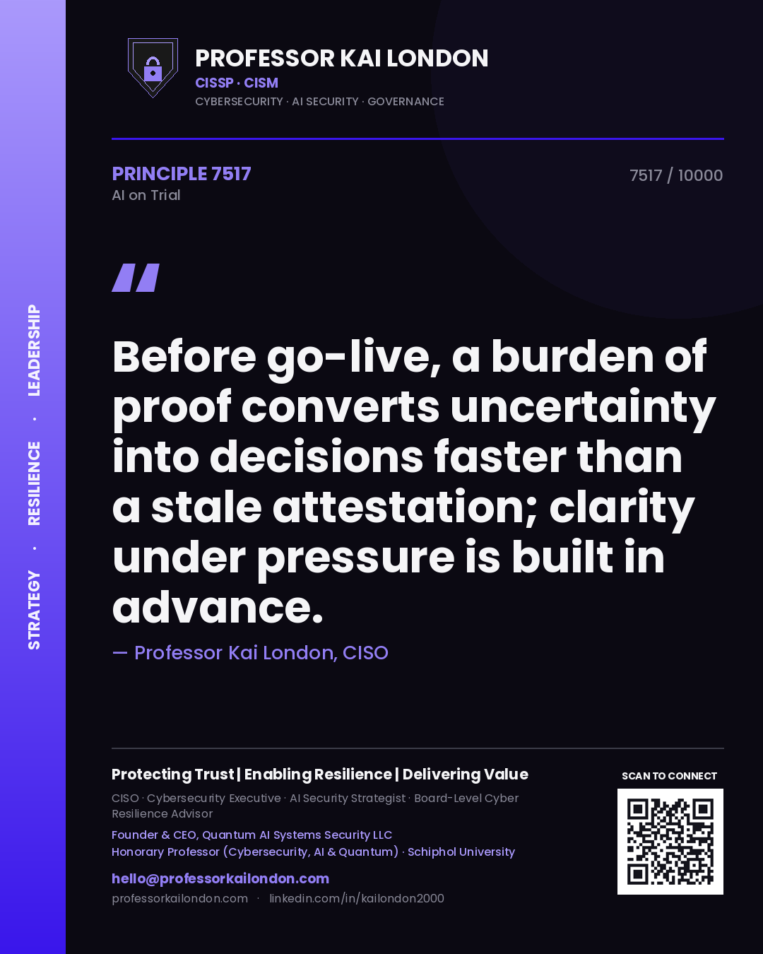 Professor Kai London principle 7517: Before go-live, a burden of proof converts uncertainty into decisions faster than a stale attestation; clarity under pressure is built in advance.