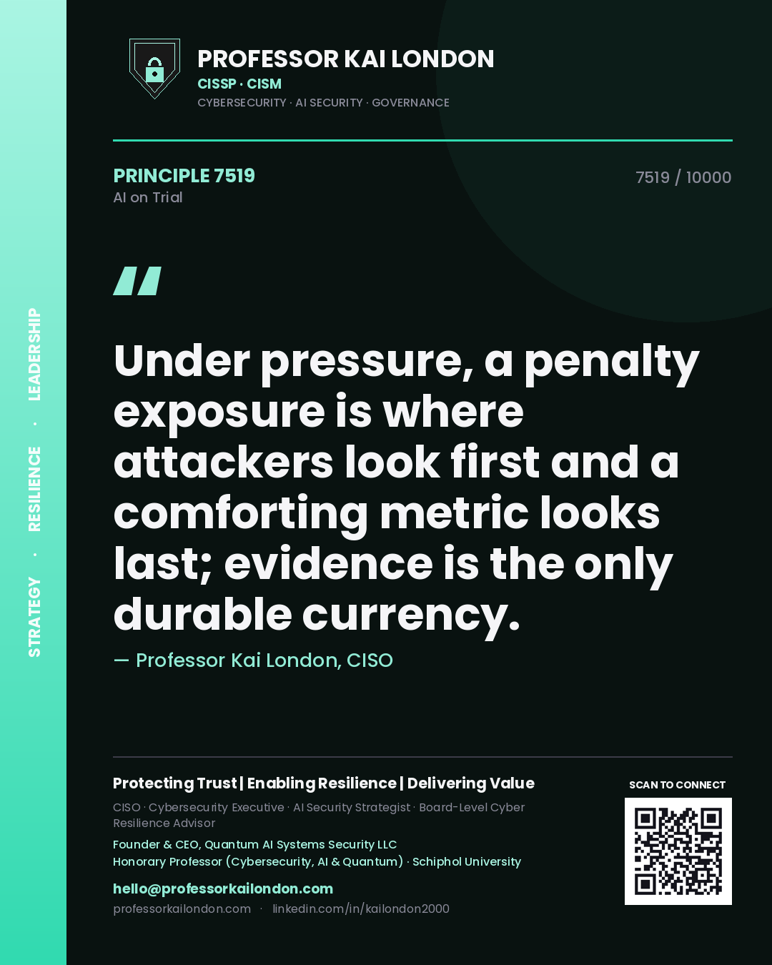 Professor Kai London principle 7519: Under pressure, a penalty exposure is where attackers look first and a comforting metric looks last; evidence is the only durable currency.