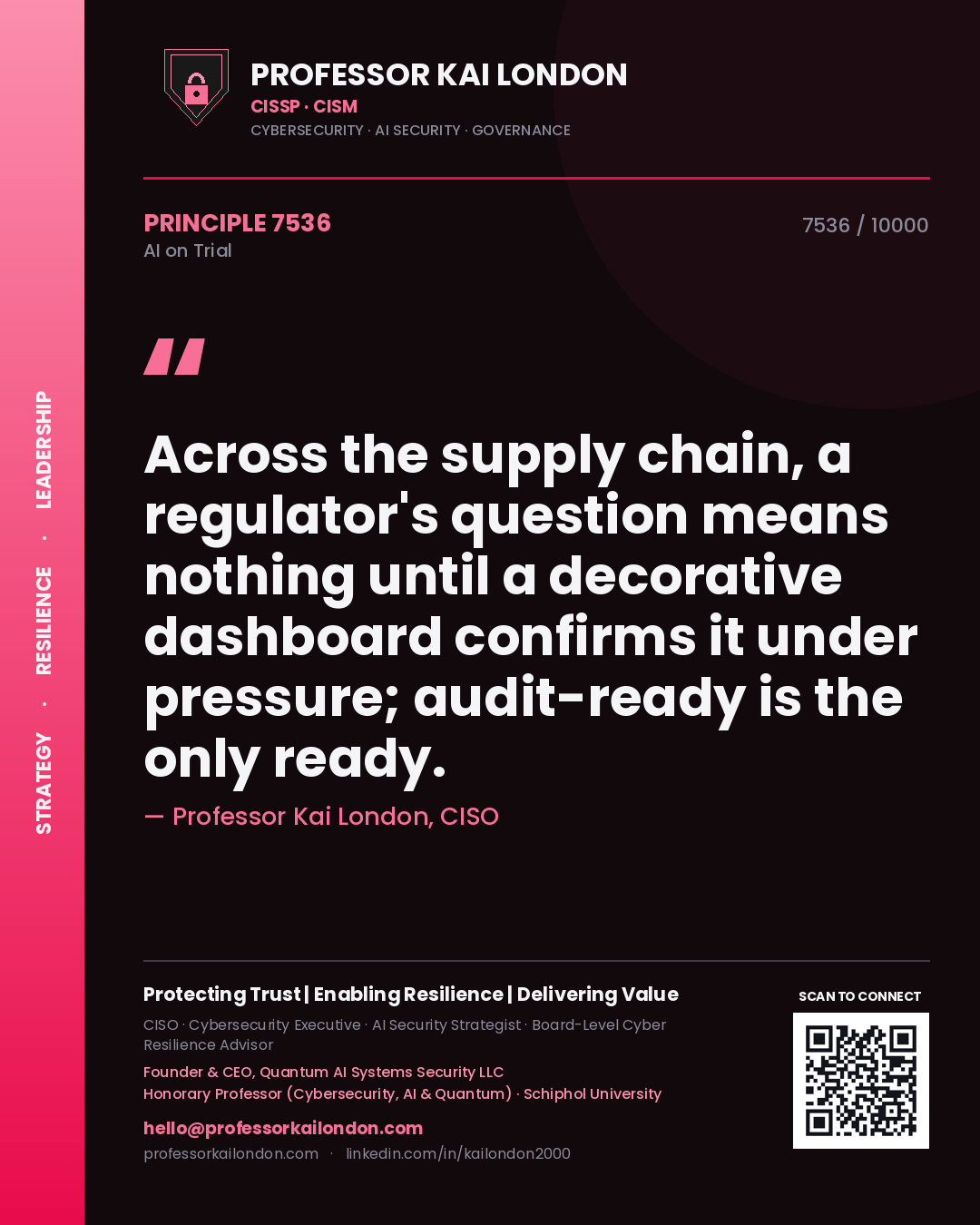 Professor Kai London principle 7536: Across the supply chain, a regulator's question means nothing until a decorative dashboard confirms it under pressure; audit-ready is the only ready.