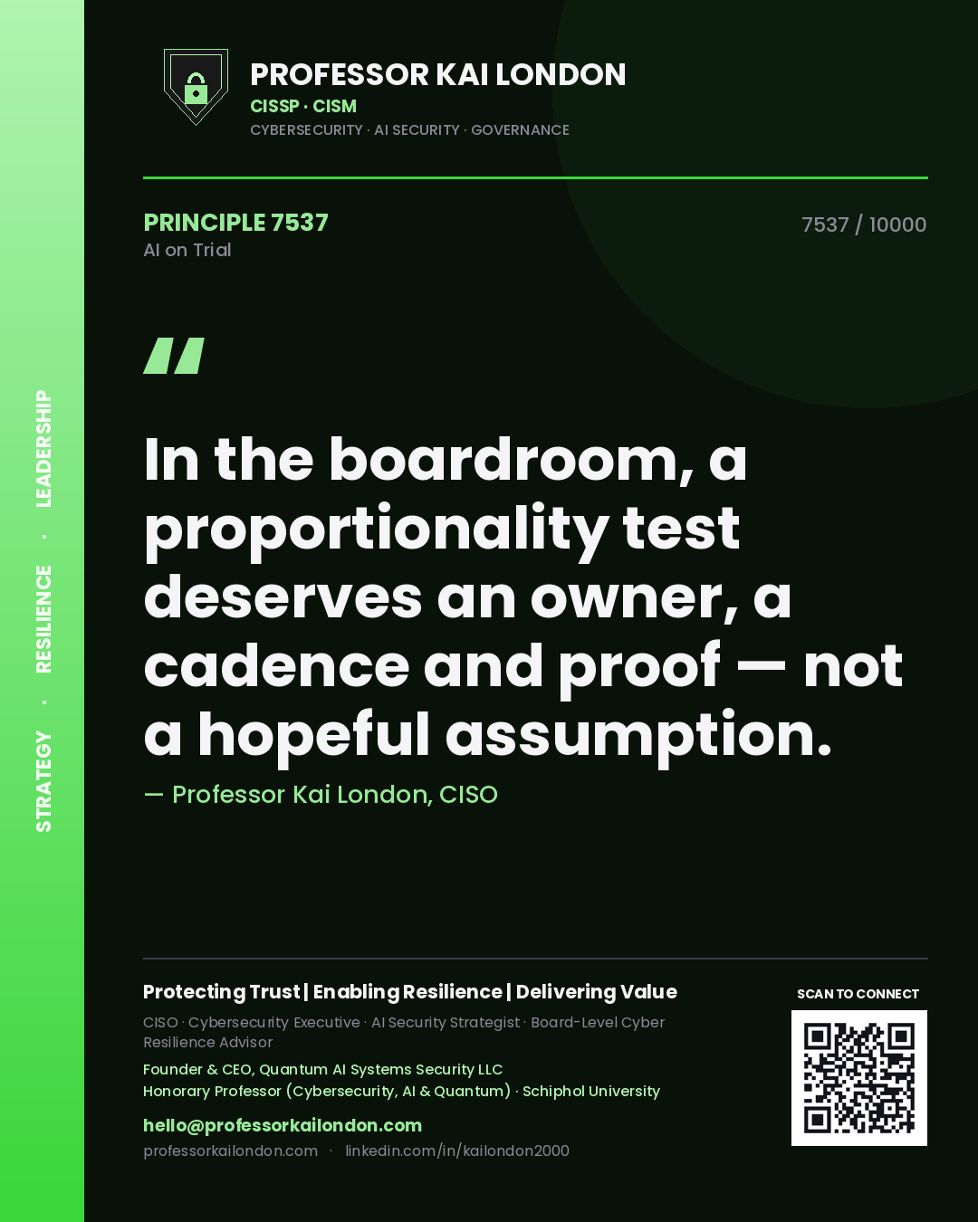 Professor Kai London principle 7537: In the boardroom, a proportionality test deserves an owner, a cadence and proof — not a hopeful assumption.