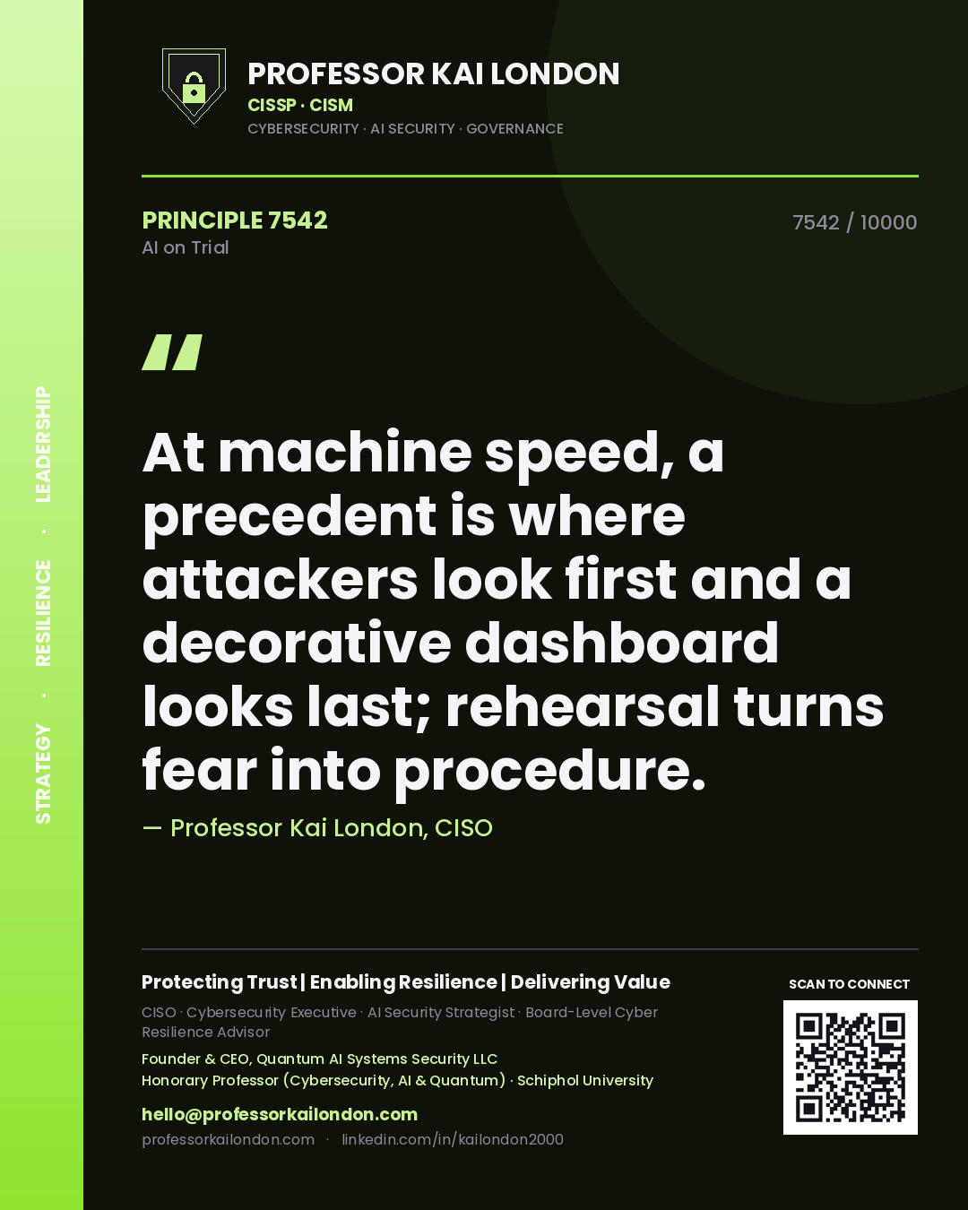 Quote card by Professor Kai London reading 'At machine speed, a precedent is where attackers look first and a decorative dashboard looks last; rehearsal turns fear into procedure.'. From the book AI on Trial.