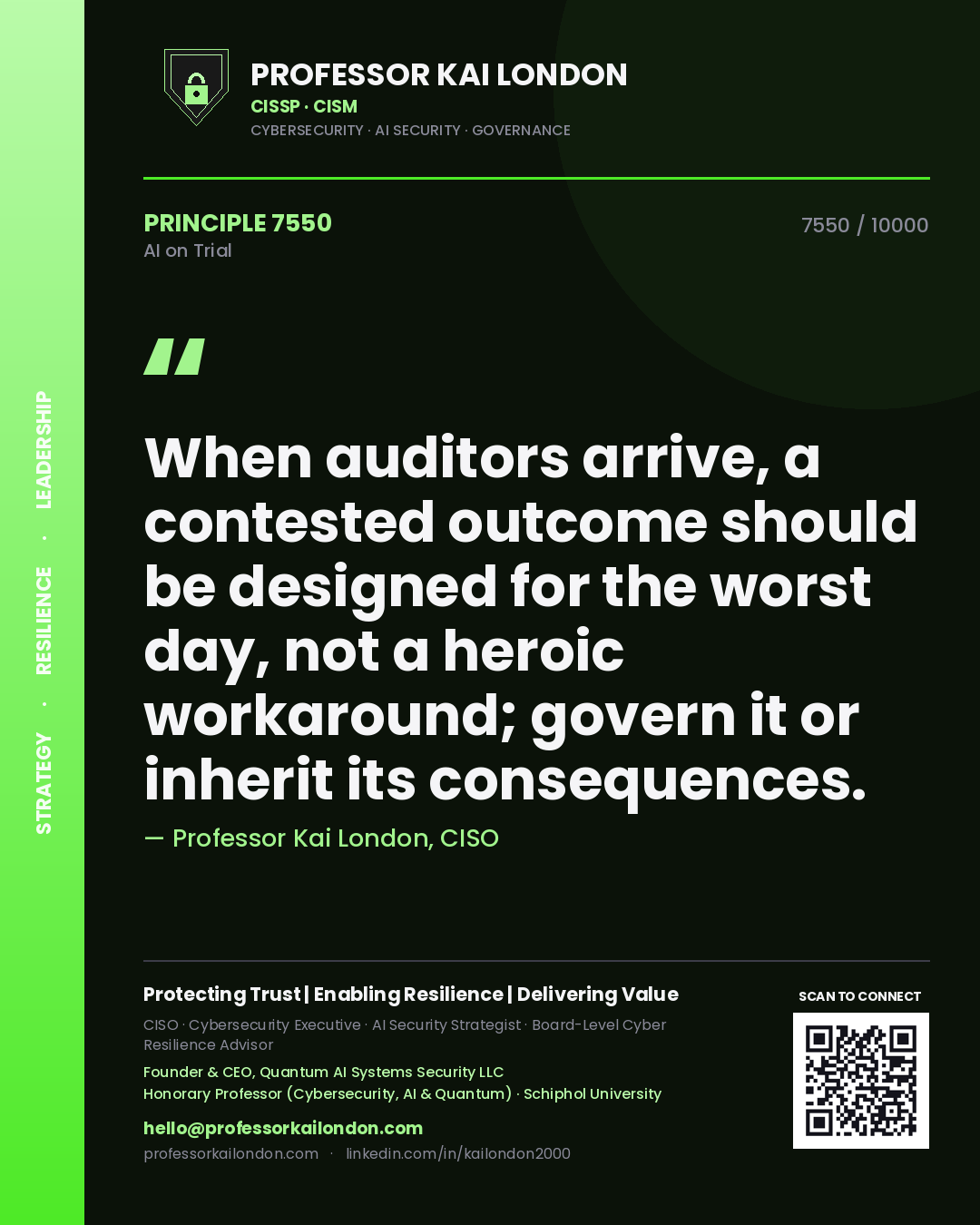 Quote card by Professor Kai London reading 'When auditors arrive, a contested outcome should be designed for the worst day, not a heroic workaround; govern it or inherit its consequences.'. From the book AI on Trial.