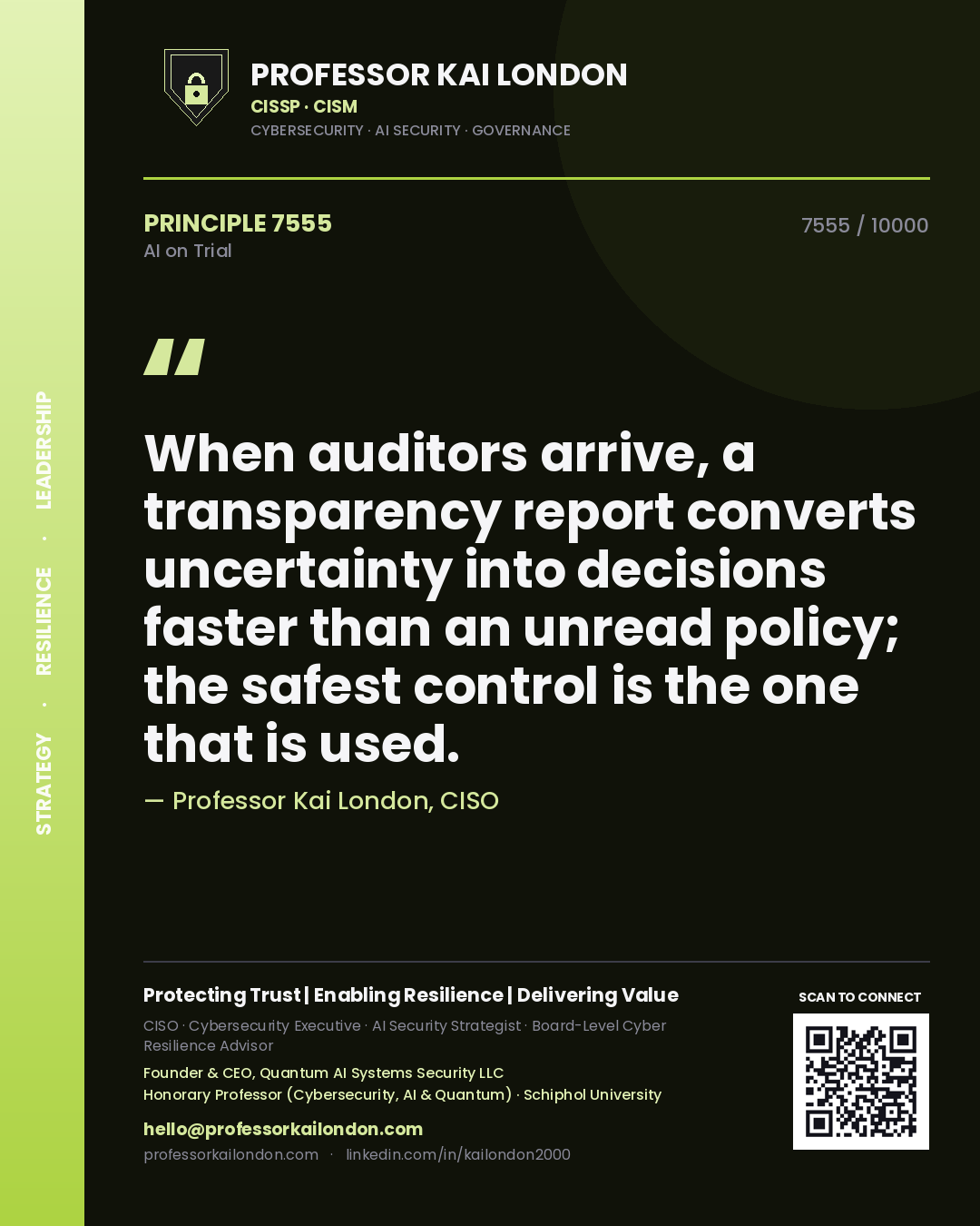 Professor Kai London principle 7555: When auditors arrive, a transparency report converts uncertainty into decisions faster than an unread policy; the safest control is the one that is used.