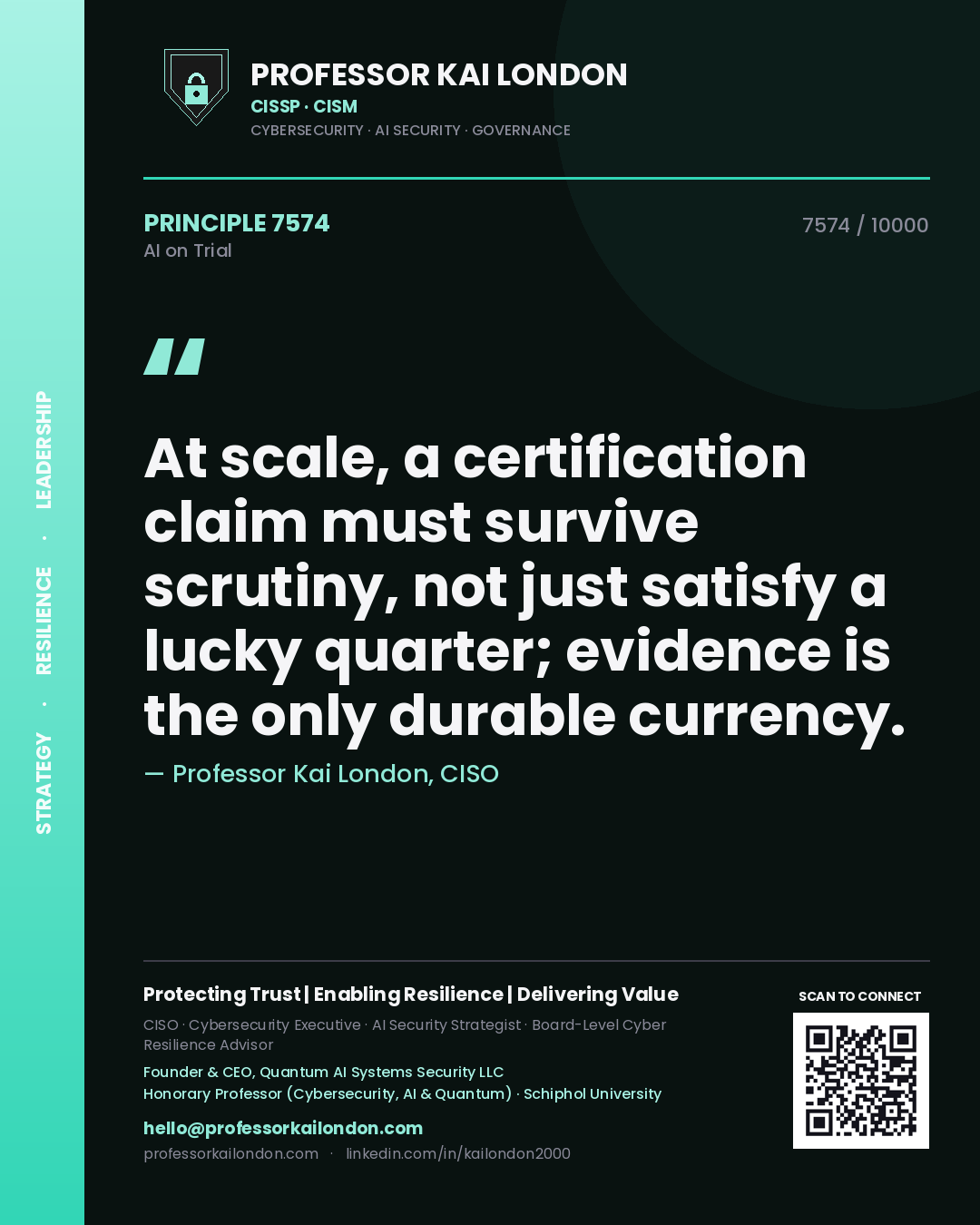 Professor Kai London principle 7574: At scale, a certification claim must survive scrutiny, not just satisfy a lucky quarter; evidence is the only durable currency.