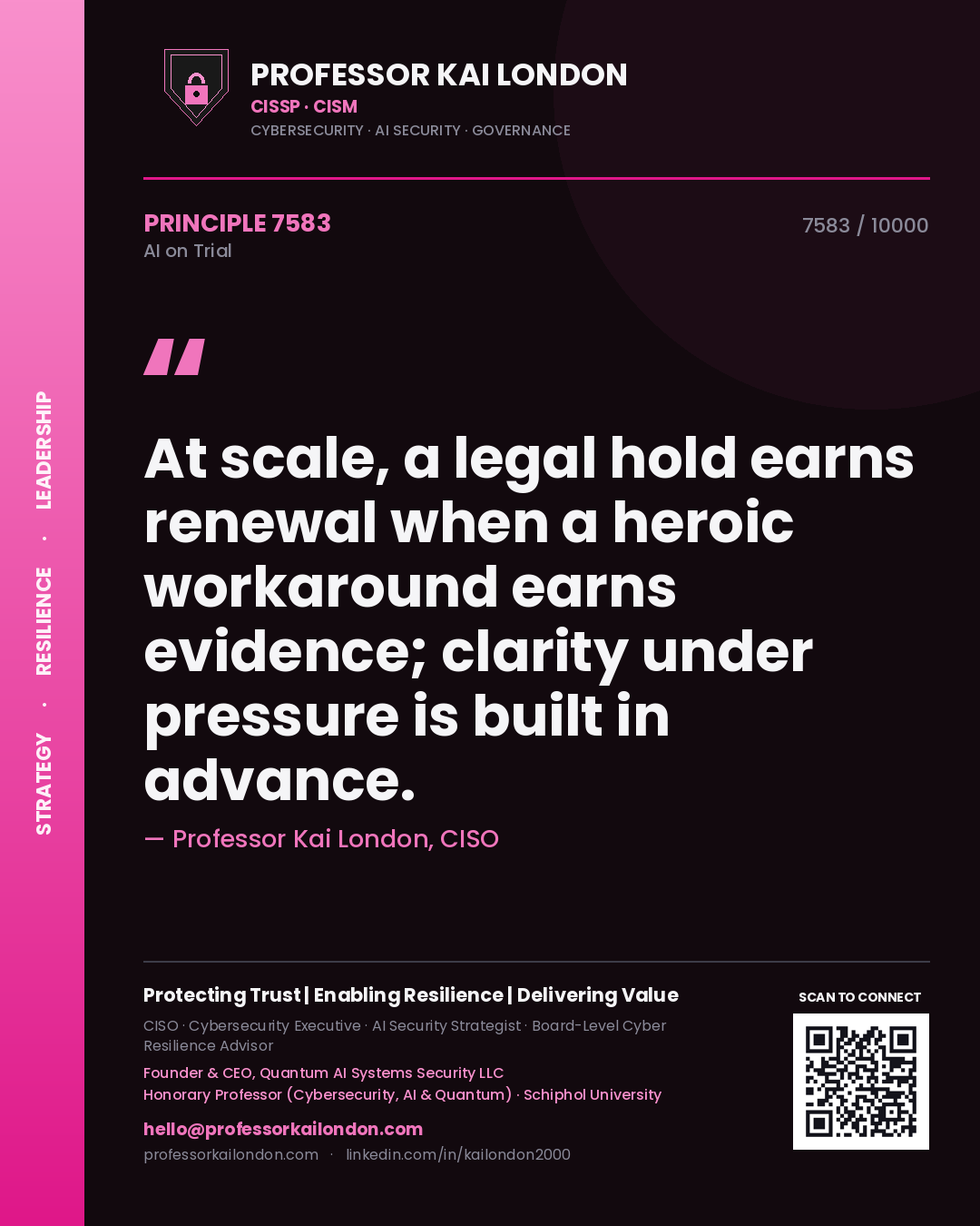 Professor Kai London principle 7583: At scale, a legal hold earns renewal when a heroic workaround earns evidence; clarity under pressure is built in advance.