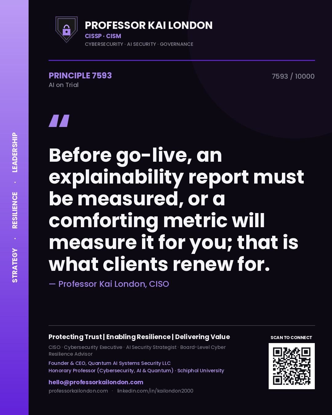 Professor Kai London principle 7593: Before go-live, an explainability report must be measured, or a comforting metric will measure it for you; that is what clients renew for.