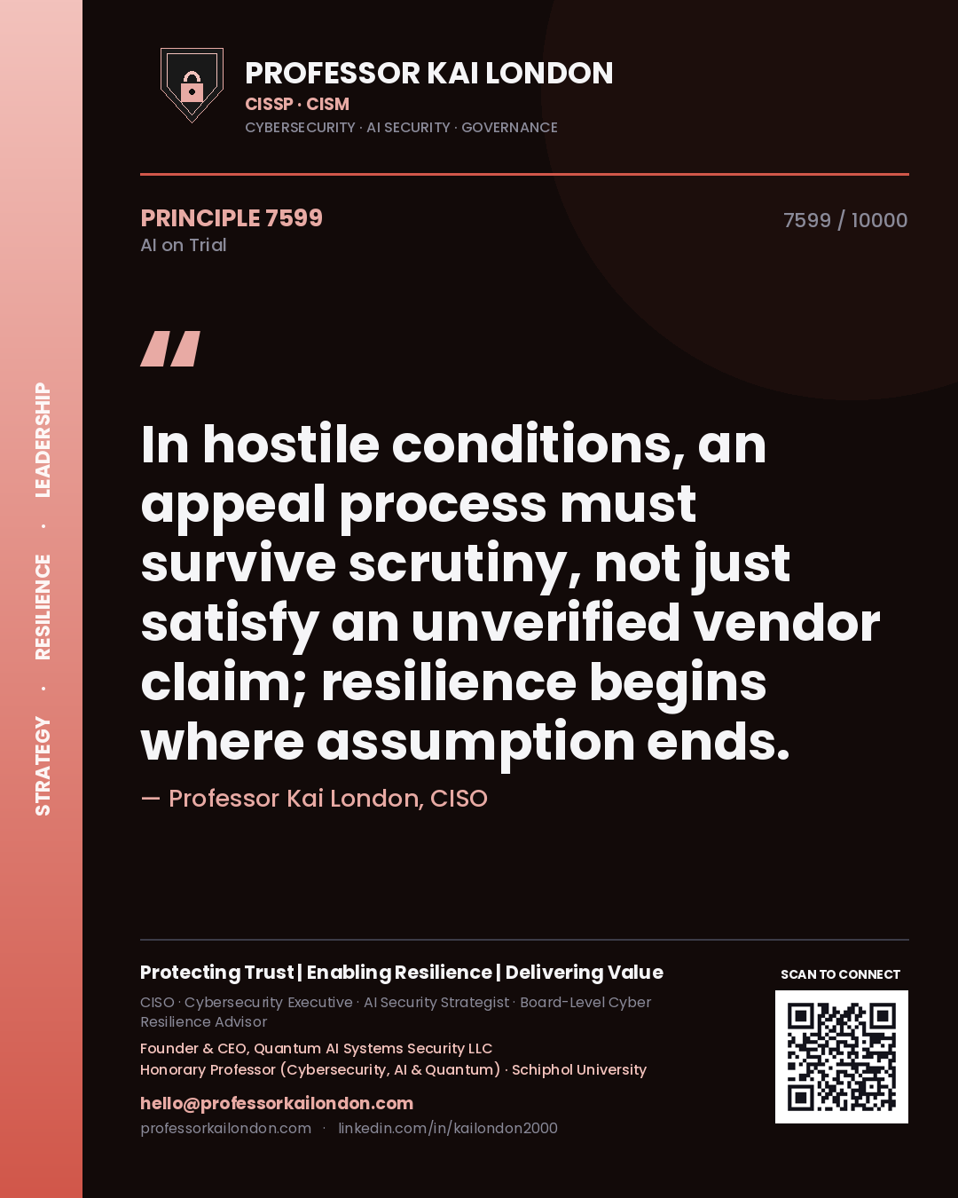 Professor Kai London principle 7599: In hostile conditions, an appeal process must survive scrutiny, not just satisfy an unverified vendor claim; resilience begins where assumption ends.