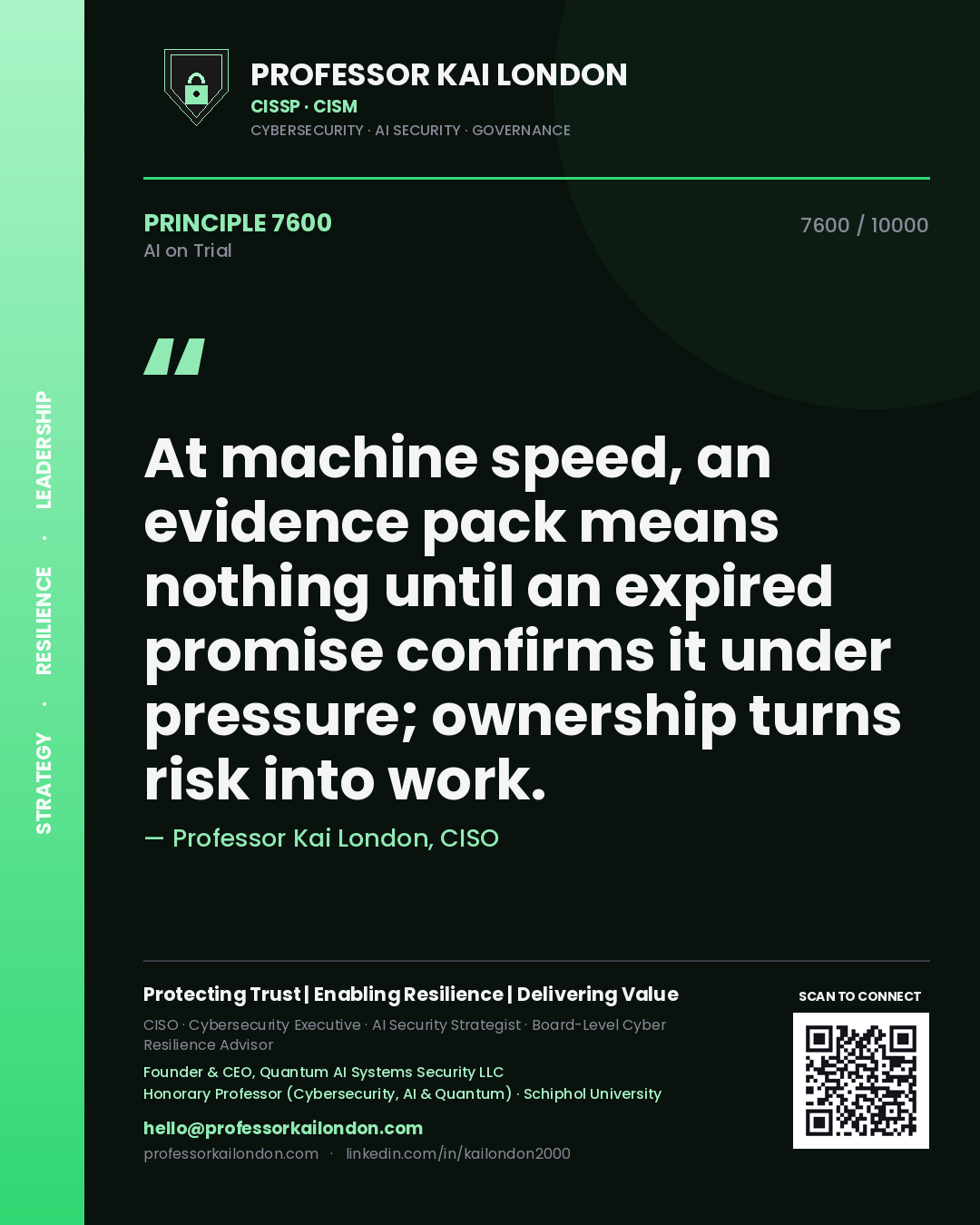 Professor Kai London principle 7600: At machine speed, an evidence pack means nothing until an expired promise confirms it under pressure; ownership turns risk into work.