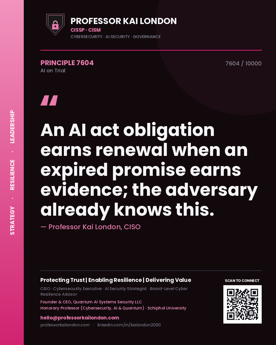 Professor Kai London principle 7604: An AI act obligation earns renewal when an expired promise earns evidence; the adversary already knows this.