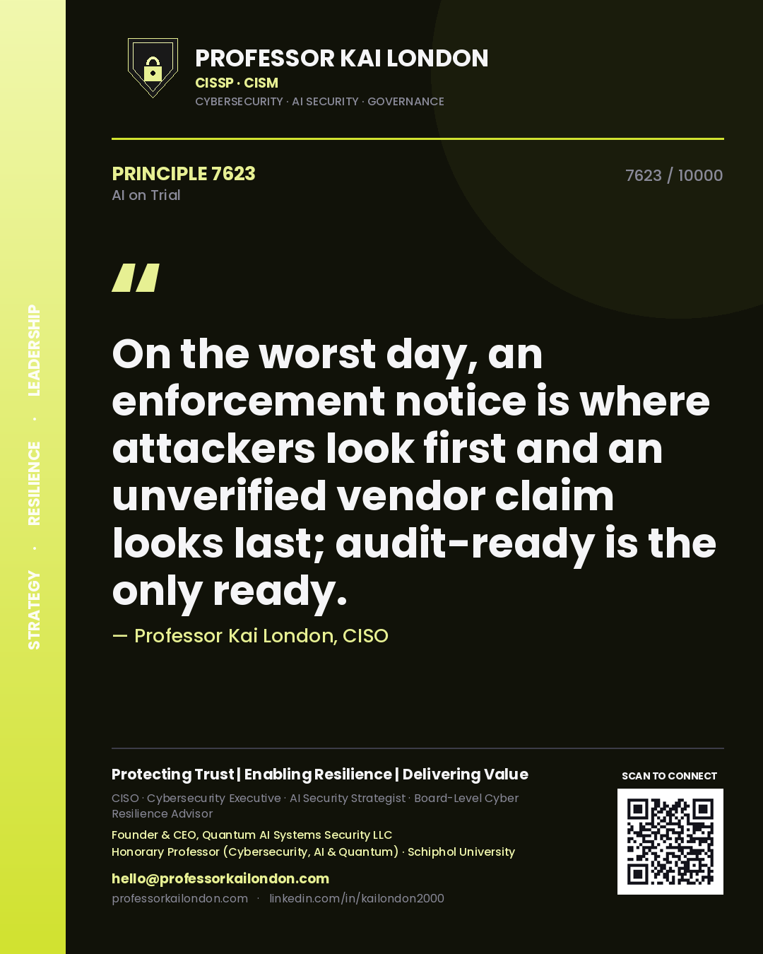 Professor Kai London principle 7623: On the worst day, an enforcement notice is where attackers look first and an unverified vendor claim looks last; audit-ready is the only ready.