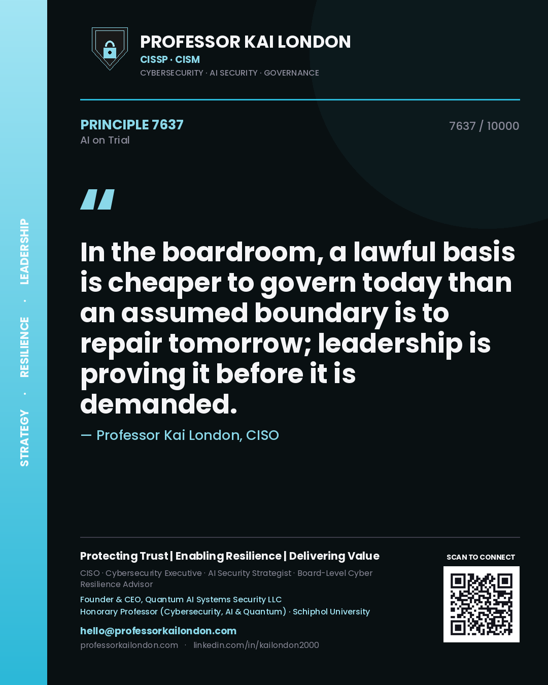 Professor Kai London principle 7637: In the boardroom, a lawful basis is cheaper to govern today than an assumed boundary is to repair tomorrow; leadership is proving it before it is demanded.