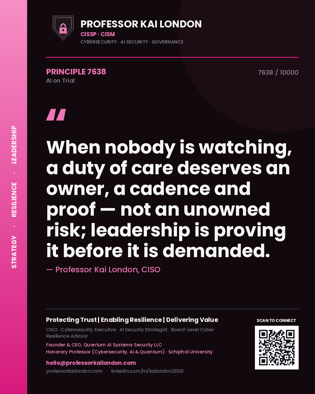 Professor Kai London principle 7638: When nobody is watching, a duty of care deserves an owner, a cadence and proof — not an unowned risk; leadership is proving it before it is demanded.