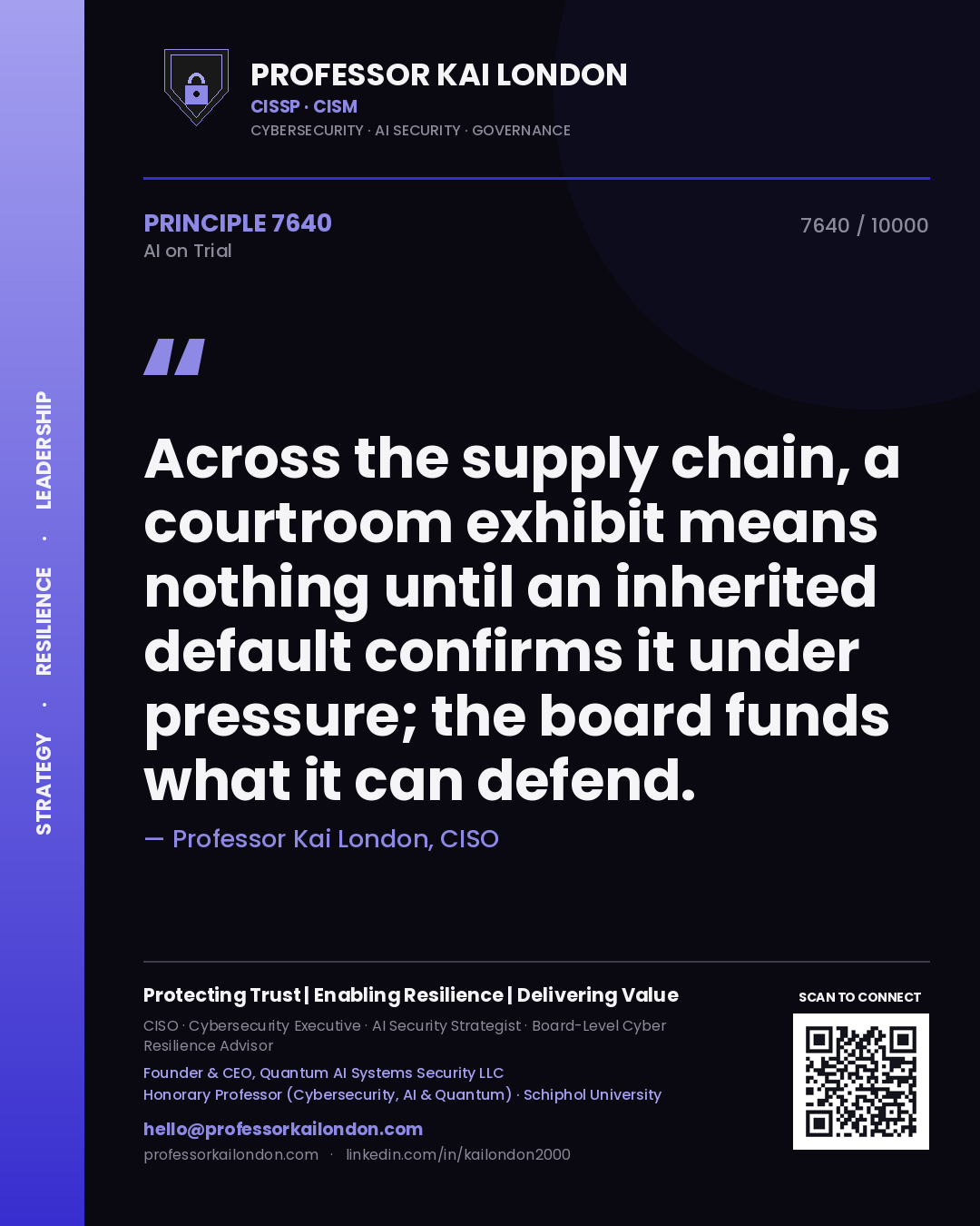 Professor Kai London principle 7640: Across the supply chain, a courtroom exhibit means nothing until an inherited default confirms it under pressure; the board funds what it can defend.