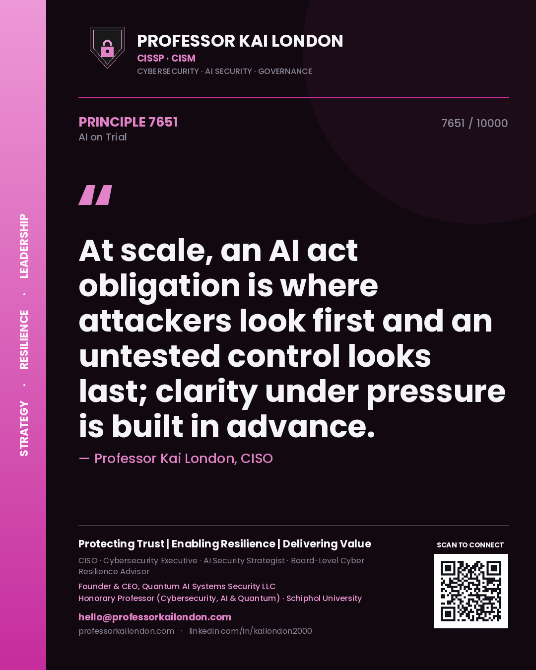 Quote card by Professor Kai London reading 'At scale, an AI act obligation is where attackers look first and an untested control looks last; clarity under pressure is built in advance.'. From the book AI on Trial.