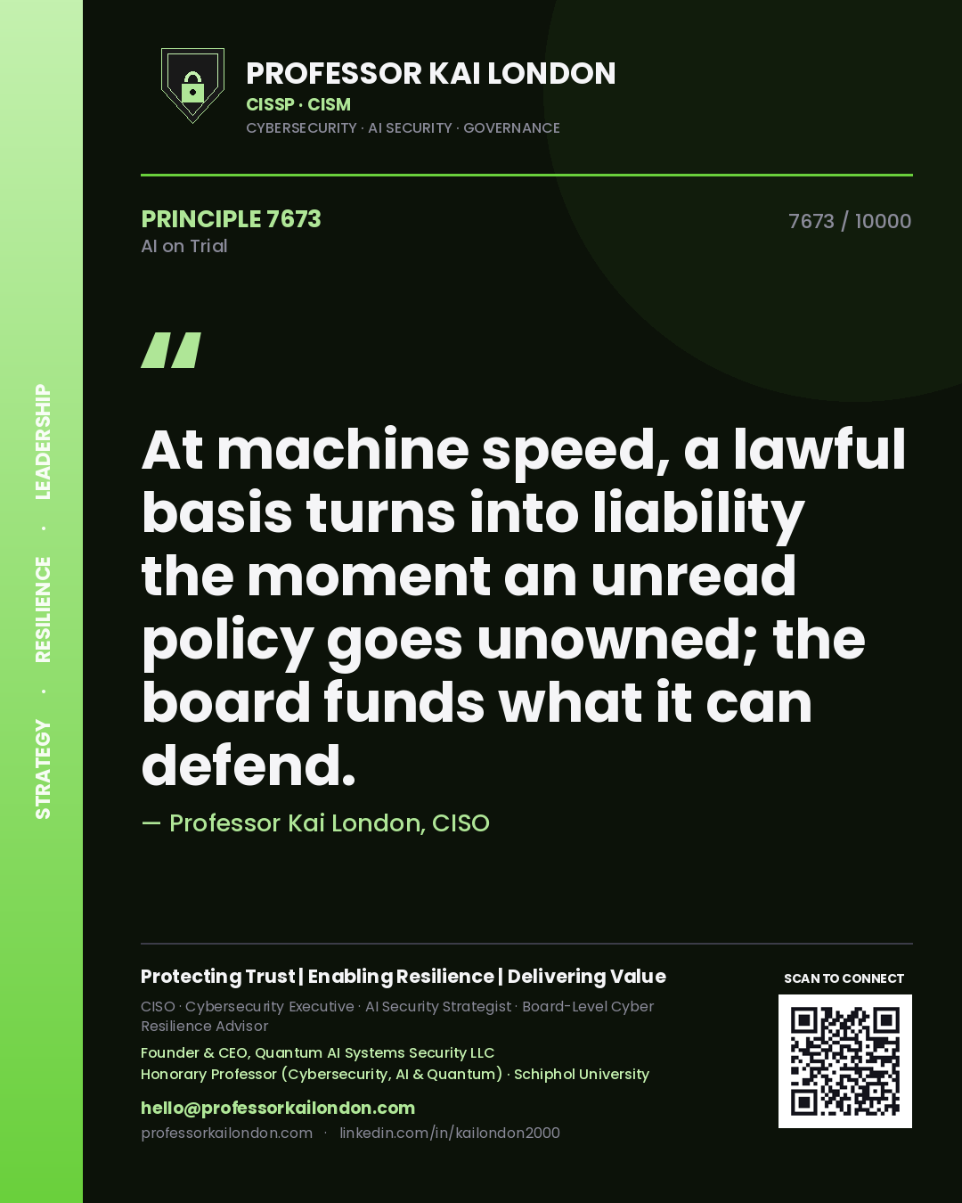 Professor Kai London principle 7673: At machine speed, a lawful basis turns into liability the moment an unread policy goes unowned; the board funds what it can defend.
