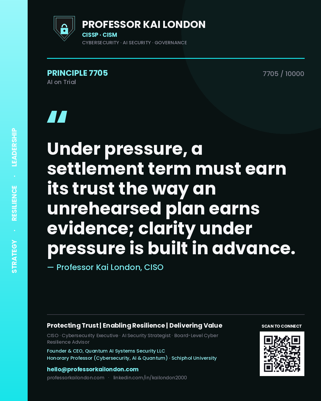 Quote card by Professor Kai London reading 'Under pressure, a settlement term must earn its trust the way an unrehearsed plan earns evidence; clarity under pressure is built in advance.'. From the book AI on Trial.