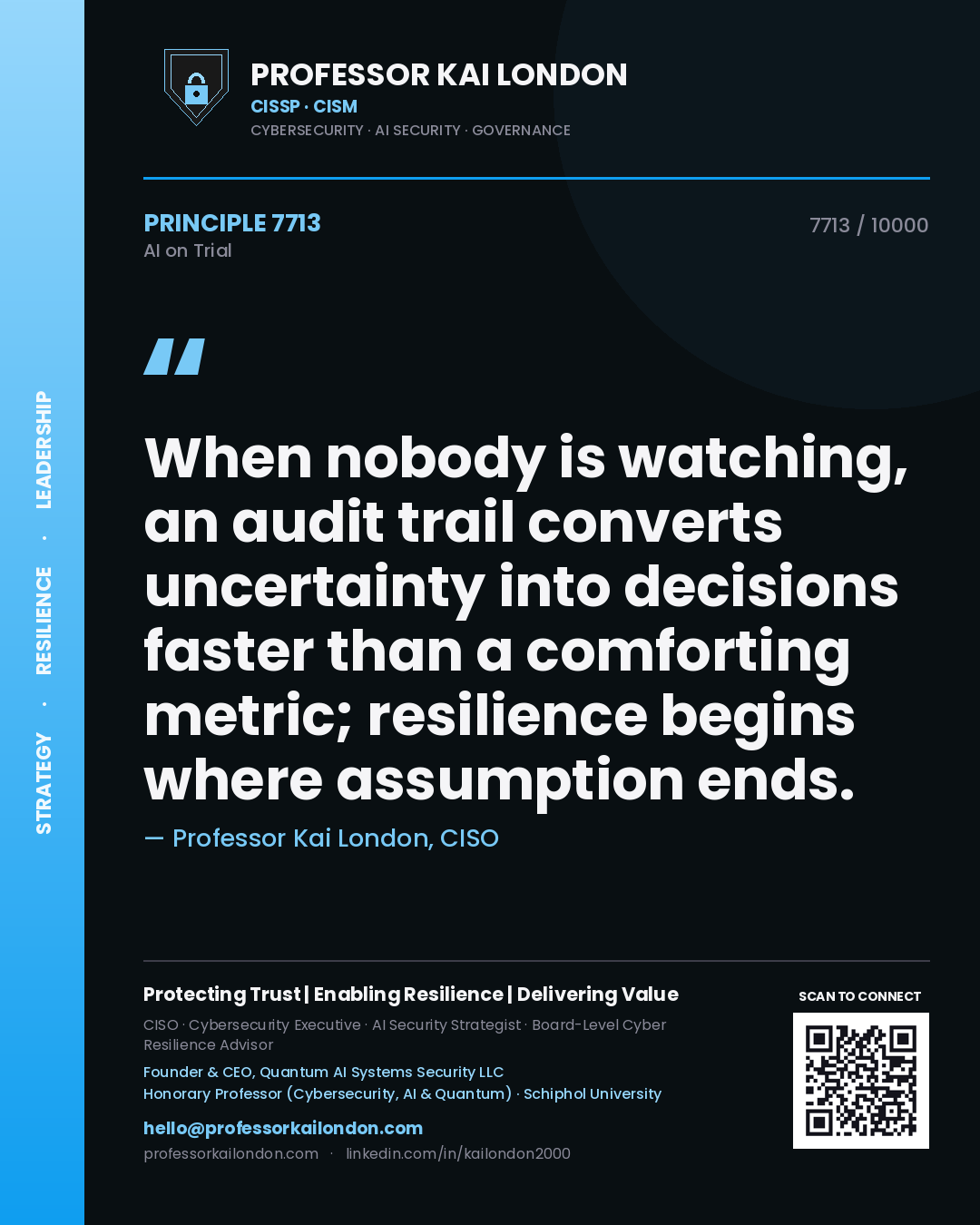Professor Kai London principle 7713: When nobody is watching, an audit trail converts uncertainty into decisions faster than a comforting metric; resilience begins where assumption ends.