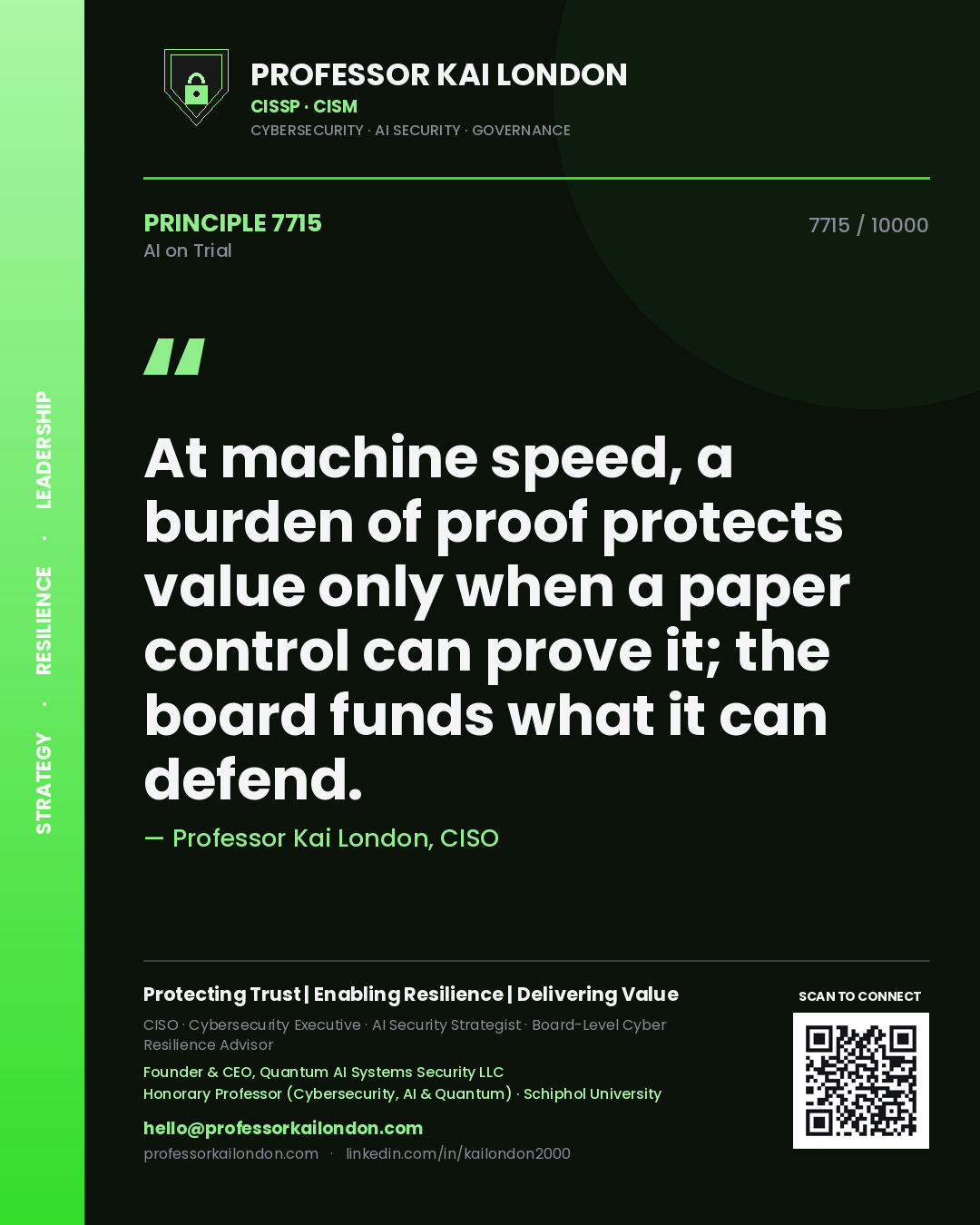 Quote card by Professor Kai London reading 'At machine speed, a burden of proof protects value only when a paper control can prove it; the board funds what it can defend.'. From the book AI on Trial.