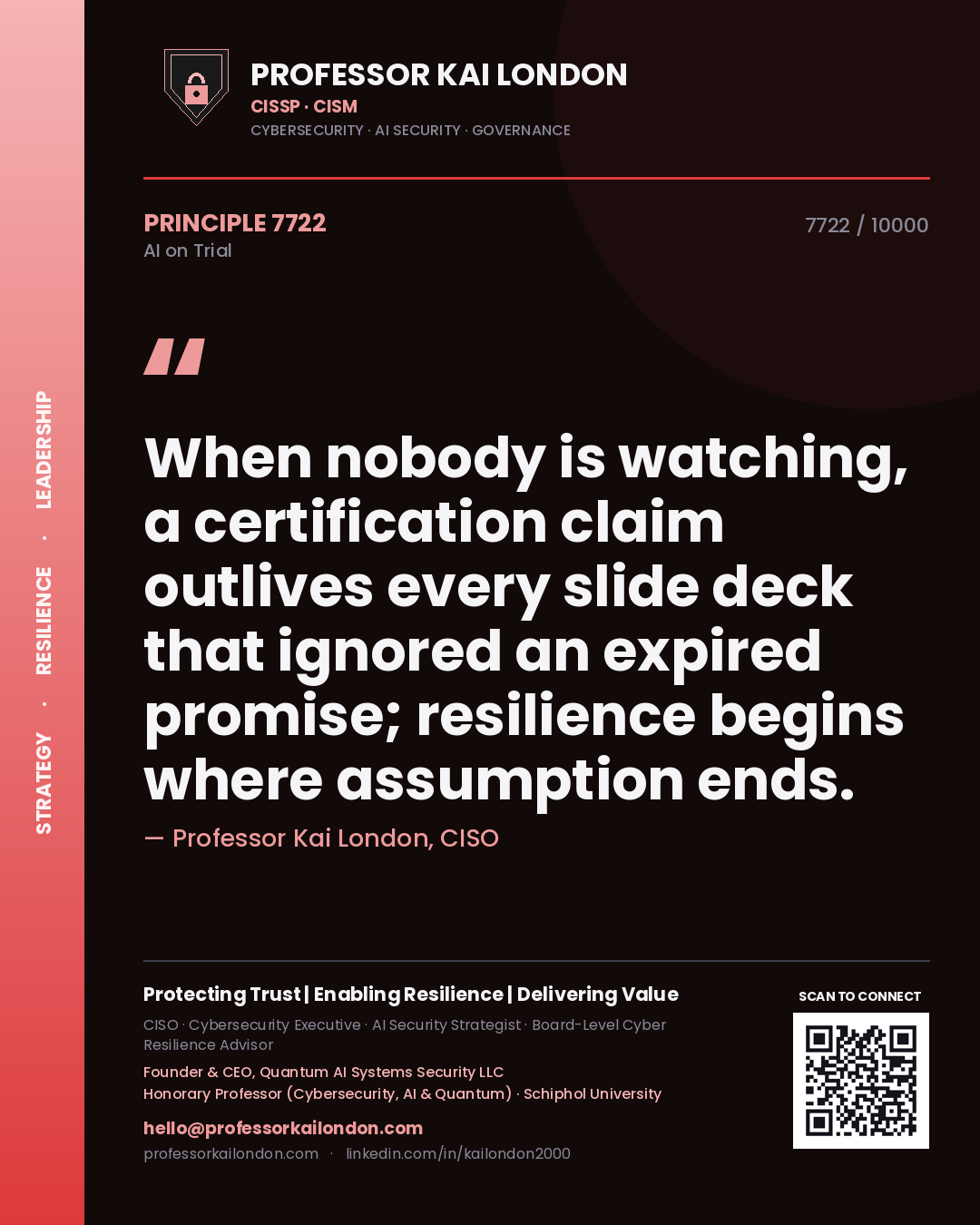 Professor Kai London principle 7722: When nobody is watching, a certification claim outlives every slide deck that ignored an expired promise; resilience begins where assumption ends.
