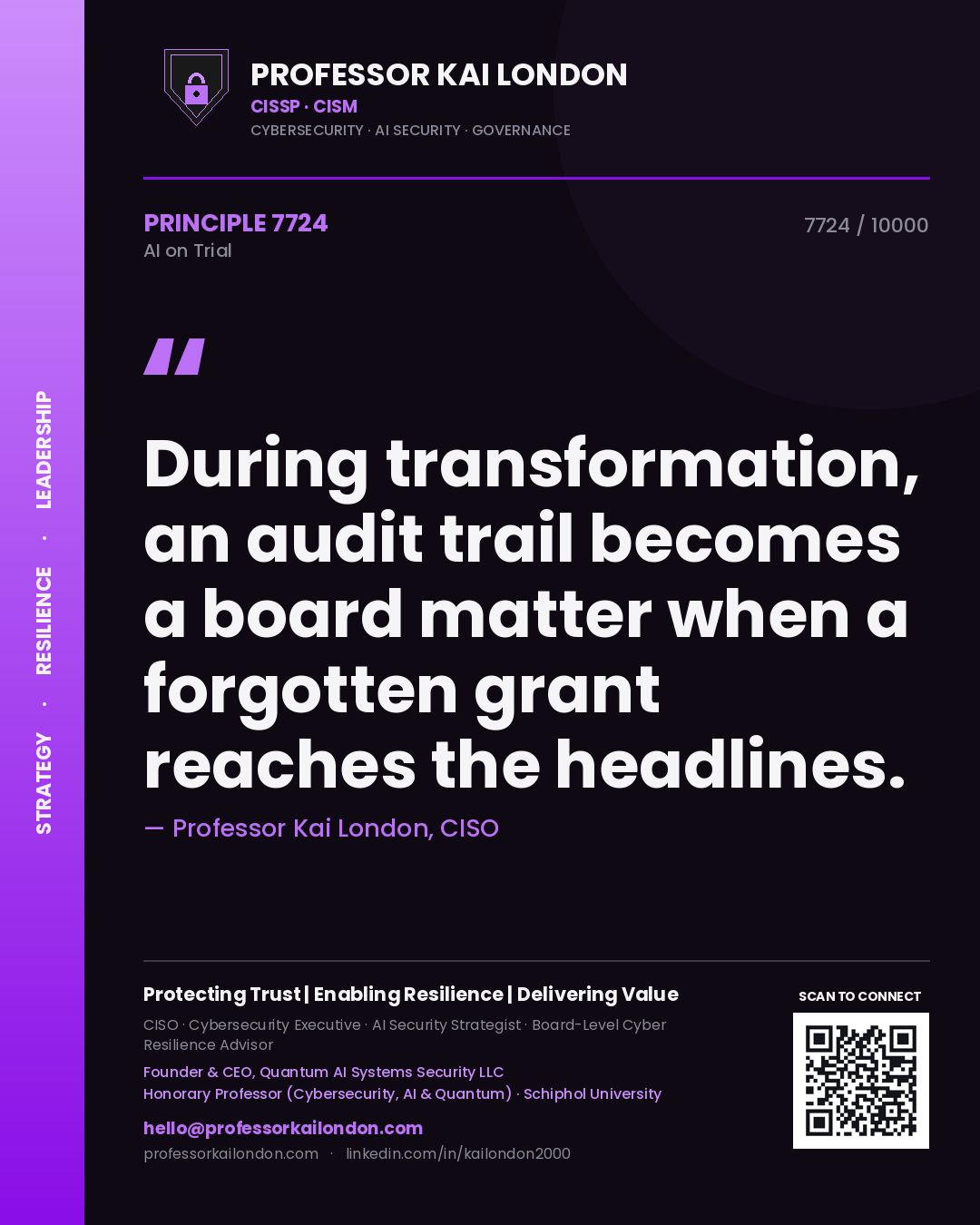 Quote card by Professor Kai London reading 'During transformation, an audit trail becomes a board matter when a forgotten grant reaches the headlines.'. From the book AI on Trial.