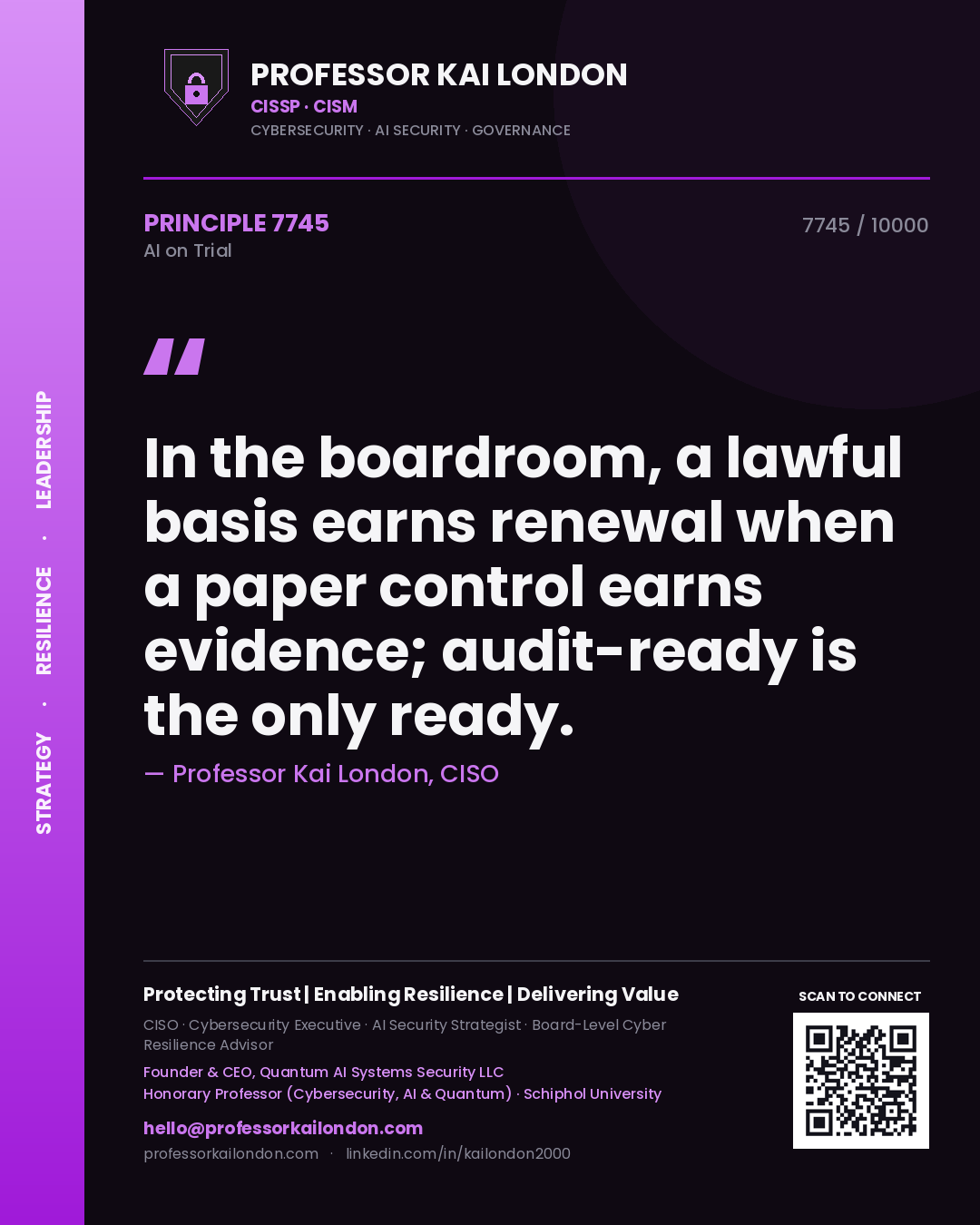 Professor Kai London principle 7745: In the boardroom, a lawful basis earns renewal when a paper control earns evidence; audit-ready is the only ready.