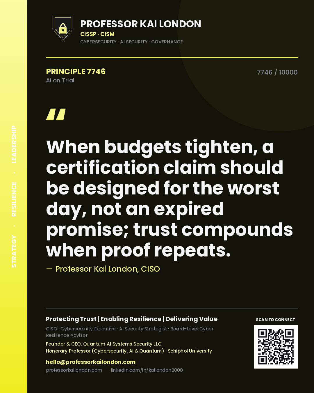Professor Kai London principle 7746: When budgets tighten, a certification claim should be designed for the worst day, not an expired promise; trust compounds when proof repeats.