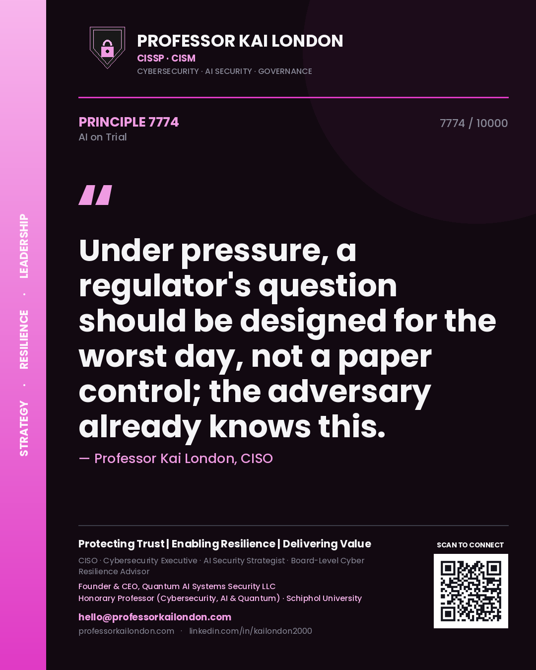 Professor Kai London principle 7774: Under pressure, a regulator's question should be designed for the worst day, not a paper control; the adversary already knows this.