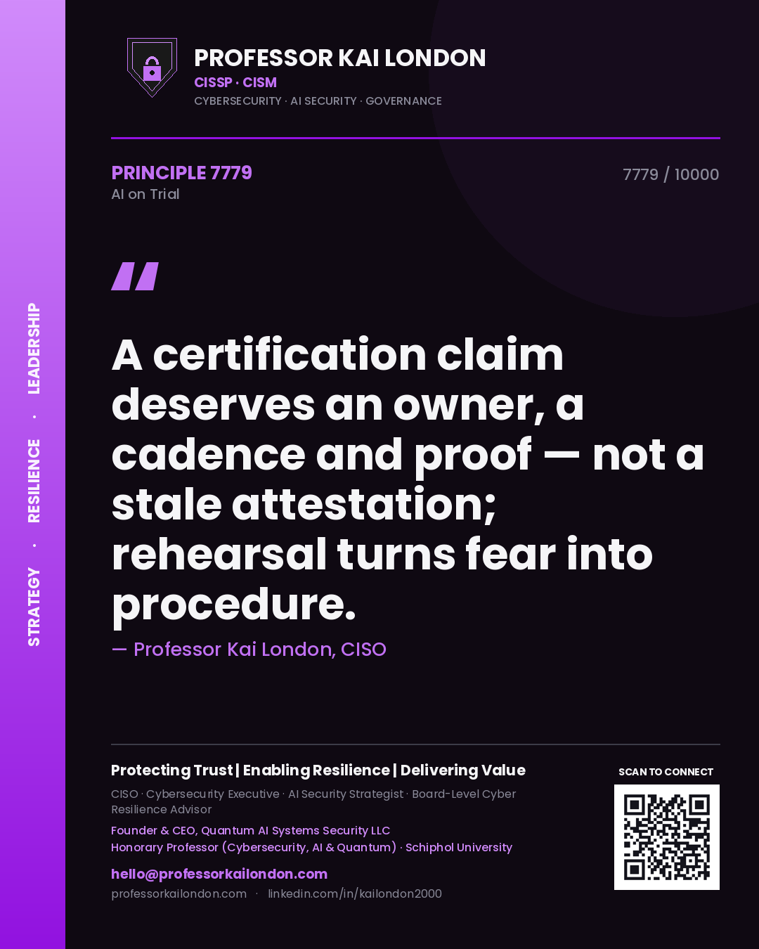 Professor Kai London principle 7779: A certification claim deserves an owner, a cadence and proof — not a stale attestation; rehearsal turns fear into procedure.