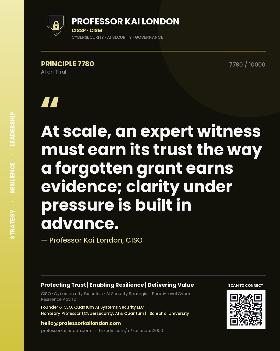 Quote card by Professor Kai London reading 'At scale, an expert witness must earn its trust the way a forgotten grant earns evidence; clarity under pressure is built in advance.'. From the book AI on Trial.