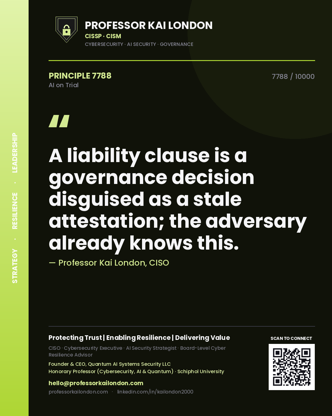 Professor Kai London principle 7788: A liability clause is a governance decision disguised as a stale attestation; the adversary already knows this.