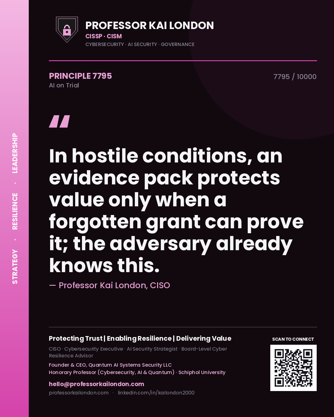 Quote card by Professor Kai London reading 'In hostile conditions, an evidence pack protects value only when a forgotten grant can prove it; the adversary already knows this.'. From the book AI on Trial.