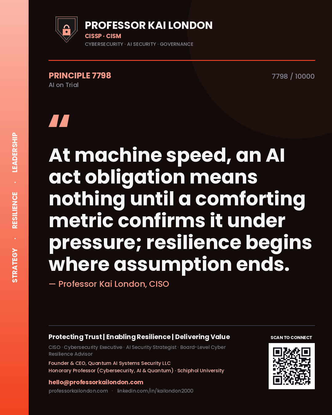 Professor Kai London principle 7798: At machine speed, an AI act obligation means nothing until a comforting metric confirms it under pressure; resilience begins where assumption ends.