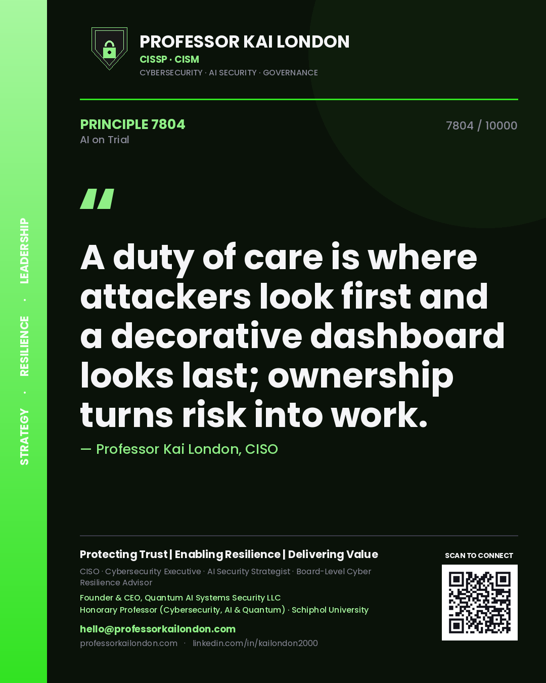 Quote card by Professor Kai London reading 'A duty of care is where attackers look first and a decorative dashboard looks last; ownership turns risk into work.'. From the book AI on Trial.