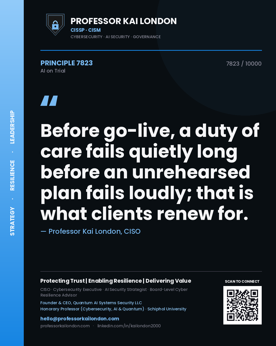 Professor Kai London principle 7823: Before go-live, a duty of care fails quietly long before an unrehearsed plan fails loudly; that is what clients renew for.
