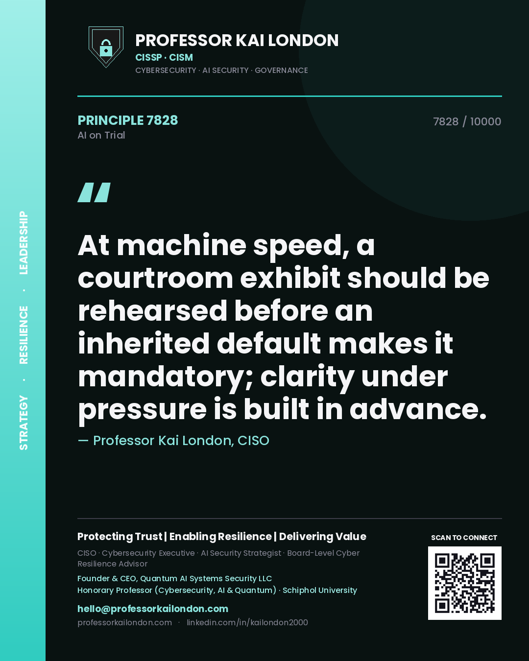 Professor Kai London principle 7828: At machine speed, a courtroom exhibit should be rehearsed before an inherited default makes it mandatory; clarity under pressure is built in advance.