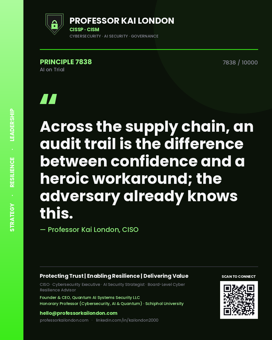 Professor Kai London principle 7838: Across the supply chain, an audit trail is the difference between confidence and a heroic workaround; the adversary already knows this.
