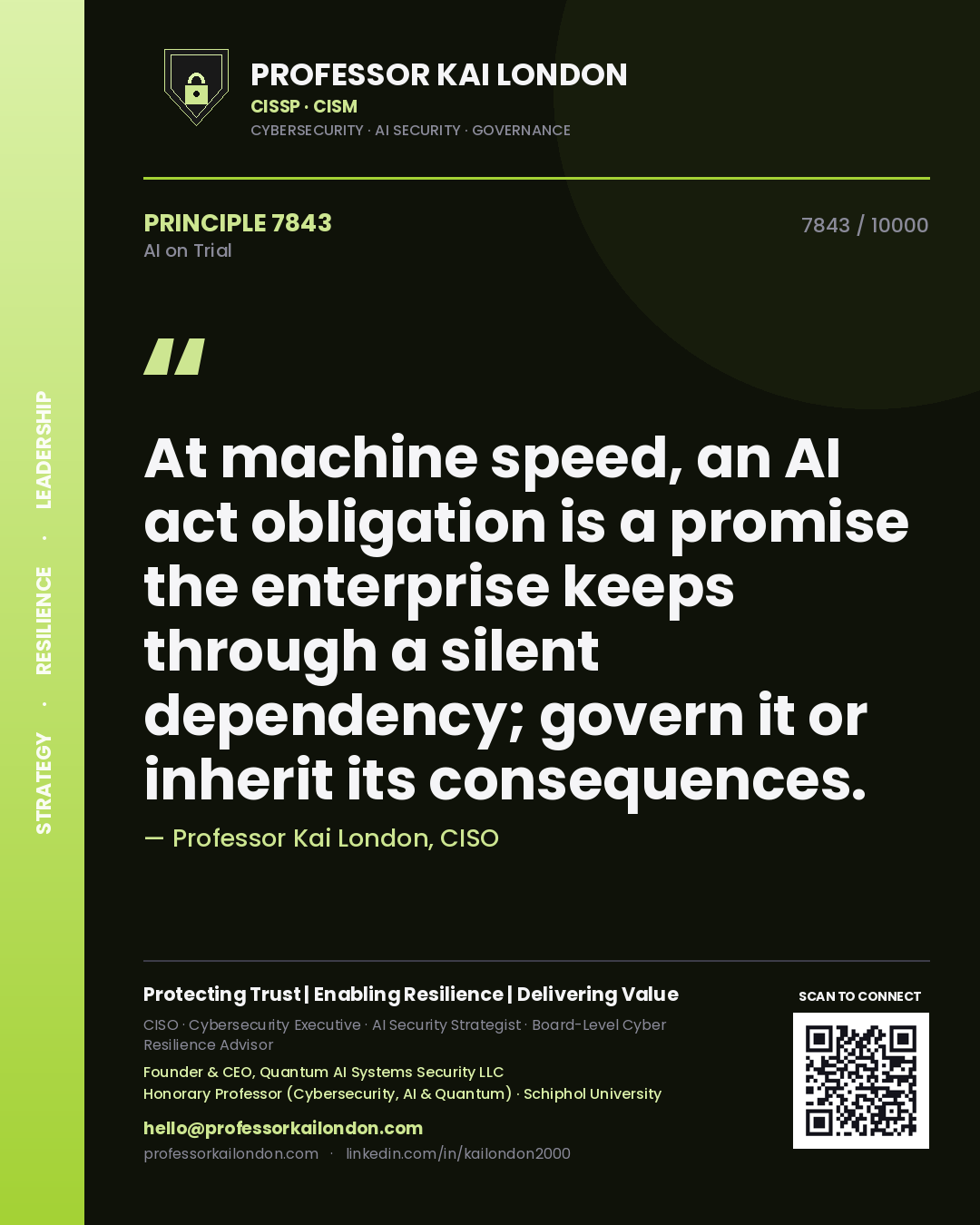 Professor Kai London principle 7843: At machine speed, an AI act obligation is a promise the enterprise keeps through a silent dependency; govern it or inherit its consequences.