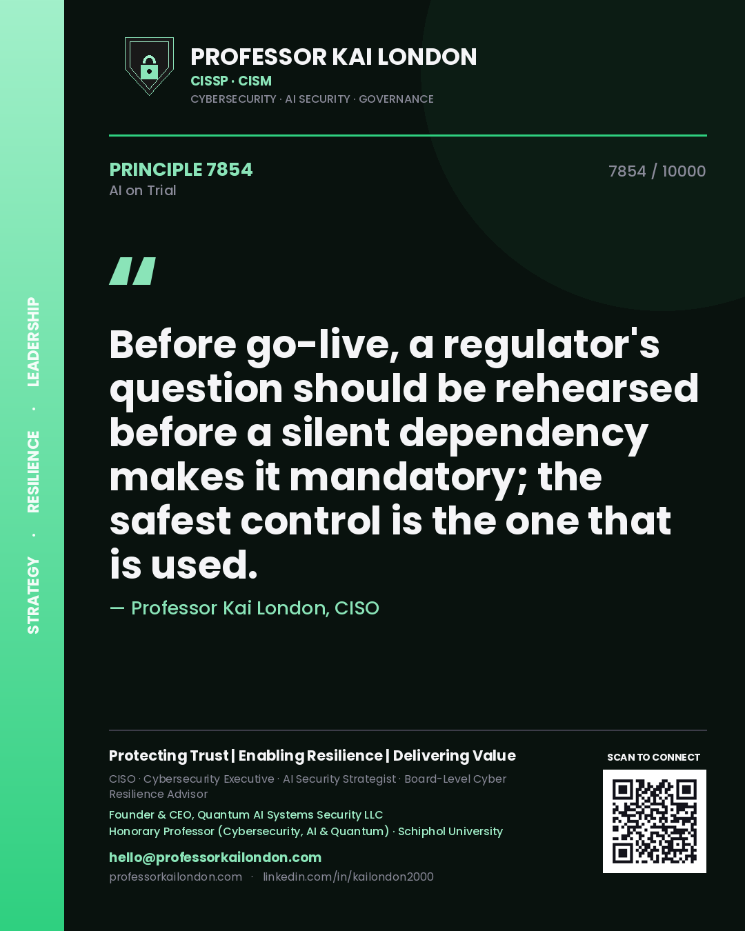 Quote card by Professor Kai London reading 'Before go-live, a regulator's question should be rehearsed before a silent dependency makes it mandatory; the safest control is the one that is used.'. From the book AI on Trial.
