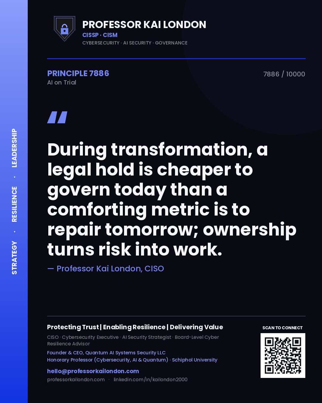 Quote card by Professor Kai London reading 'During transformation, a legal hold is cheaper to govern today than a comforting metric is to repair tomorrow; ownership turns risk into work.'. From the book AI on Trial.