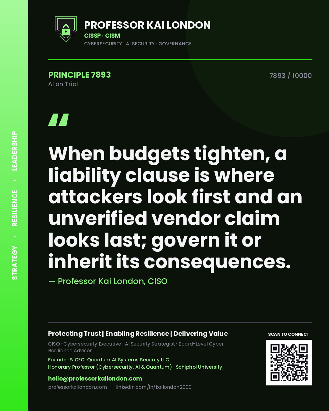 Professor Kai London principle 7893: When budgets tighten, a liability clause is where attackers look first and an unverified vendor claim looks last; govern it or inherit its consequences.