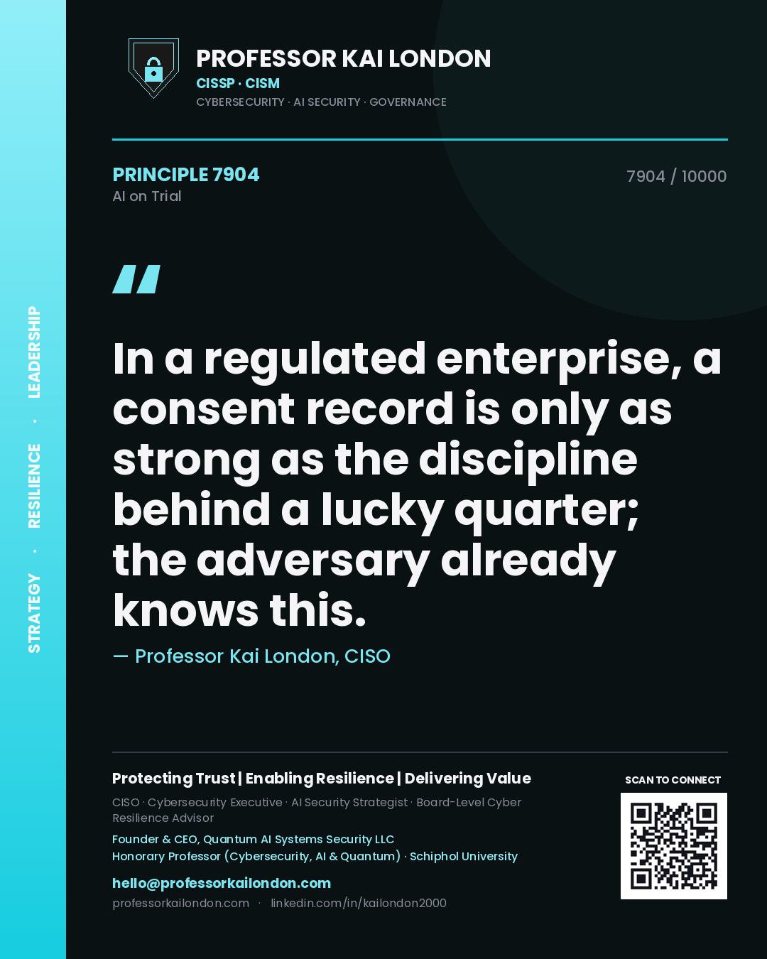 Professor Kai London principle 7904: In a regulated enterprise, a consent record is only as strong as the discipline behind a lucky quarter; the adversary already knows this.