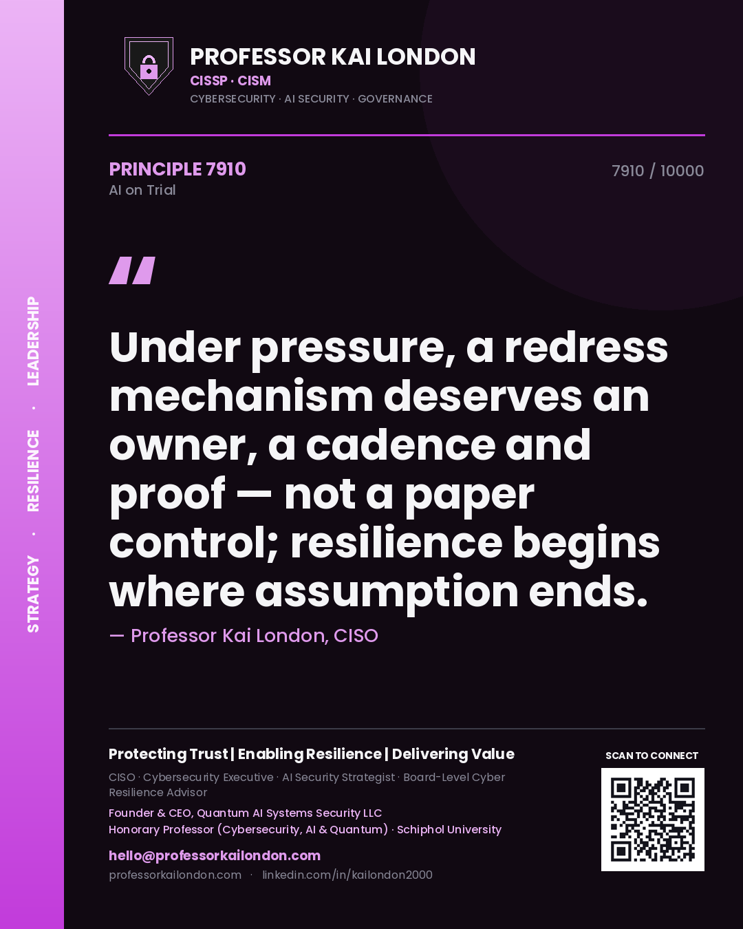 Professor Kai London principle 7910: Under pressure, a redress mechanism deserves an owner, a cadence and proof — not a paper control; resilience begins where assumption ends.