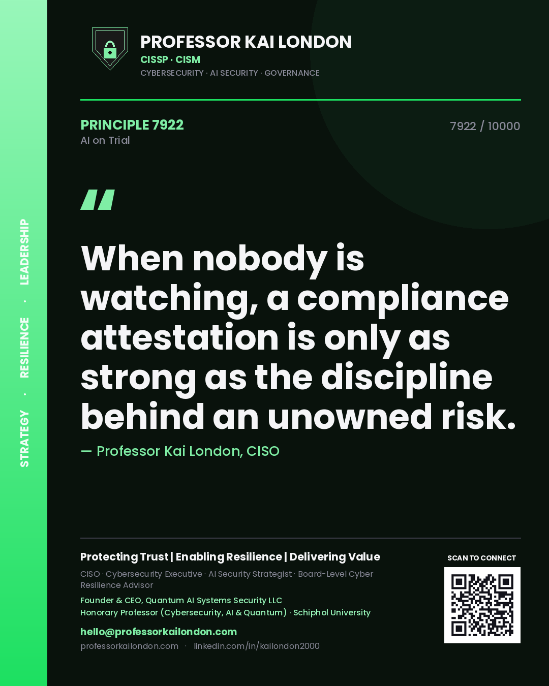 Professor Kai London principle 7922: When nobody is watching, a compliance attestation is only as strong as the discipline behind an unowned risk.
